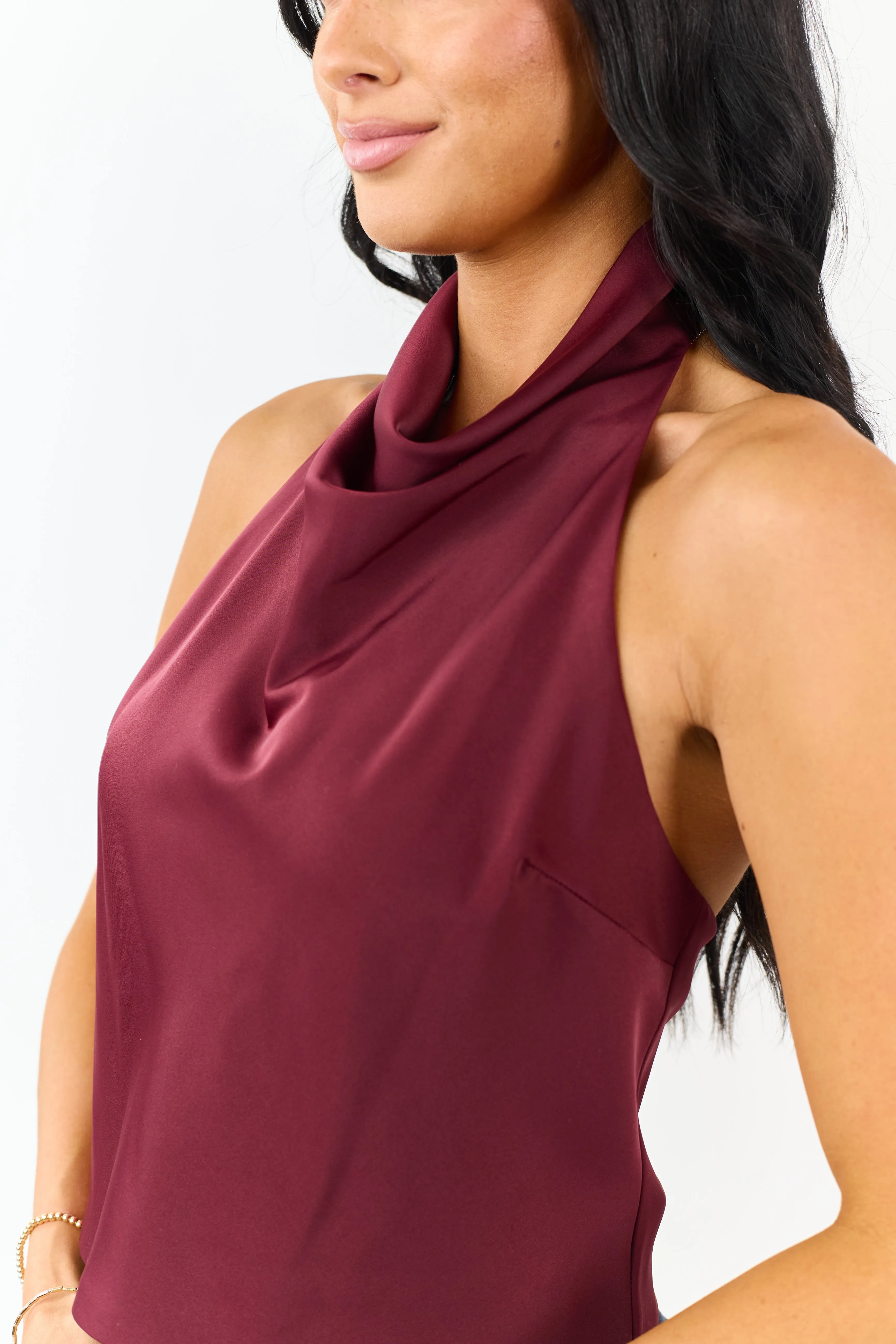 Wine Satin Flowy Halter Neck Open Back Top sold by Lime Lush product image thumbnail 2