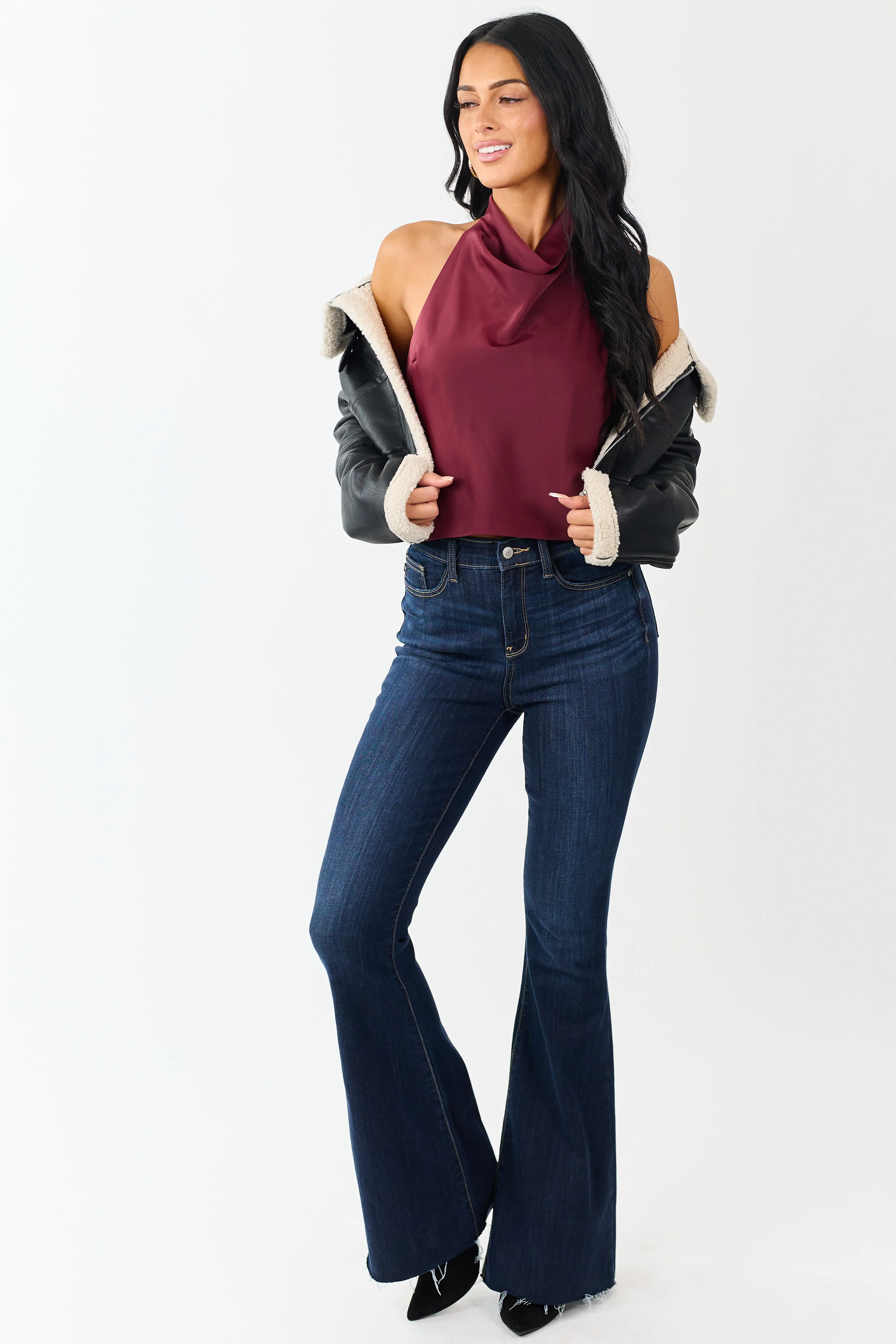 Wine Satin Flowy Halter Neck Open Back Top sold by Lime Lush product image thumbnail 5