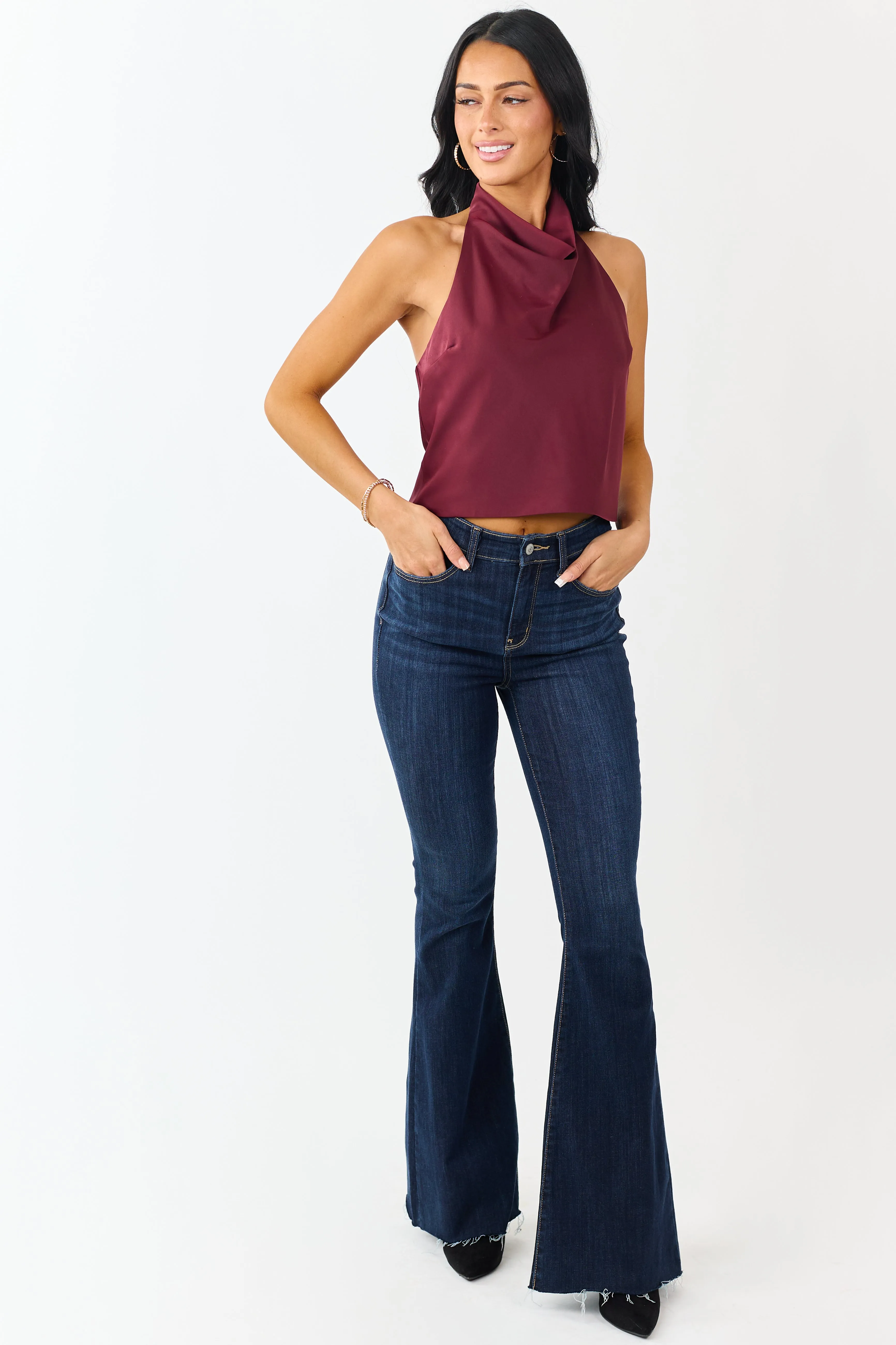 Wine Satin Flowy Halter Neck Open Back Top sold by Lime Lush product image thumbnail 3