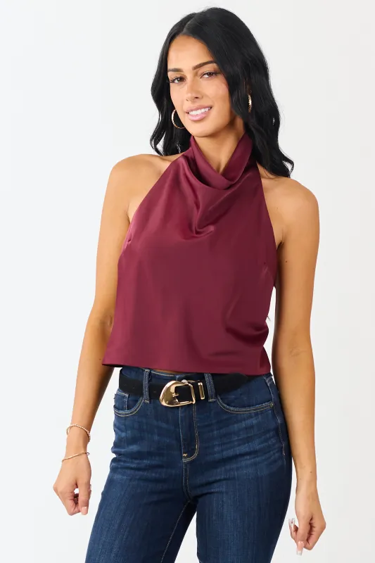 Wine Satin Flowy Halter Neck Open Back Top sold by Lime Lush