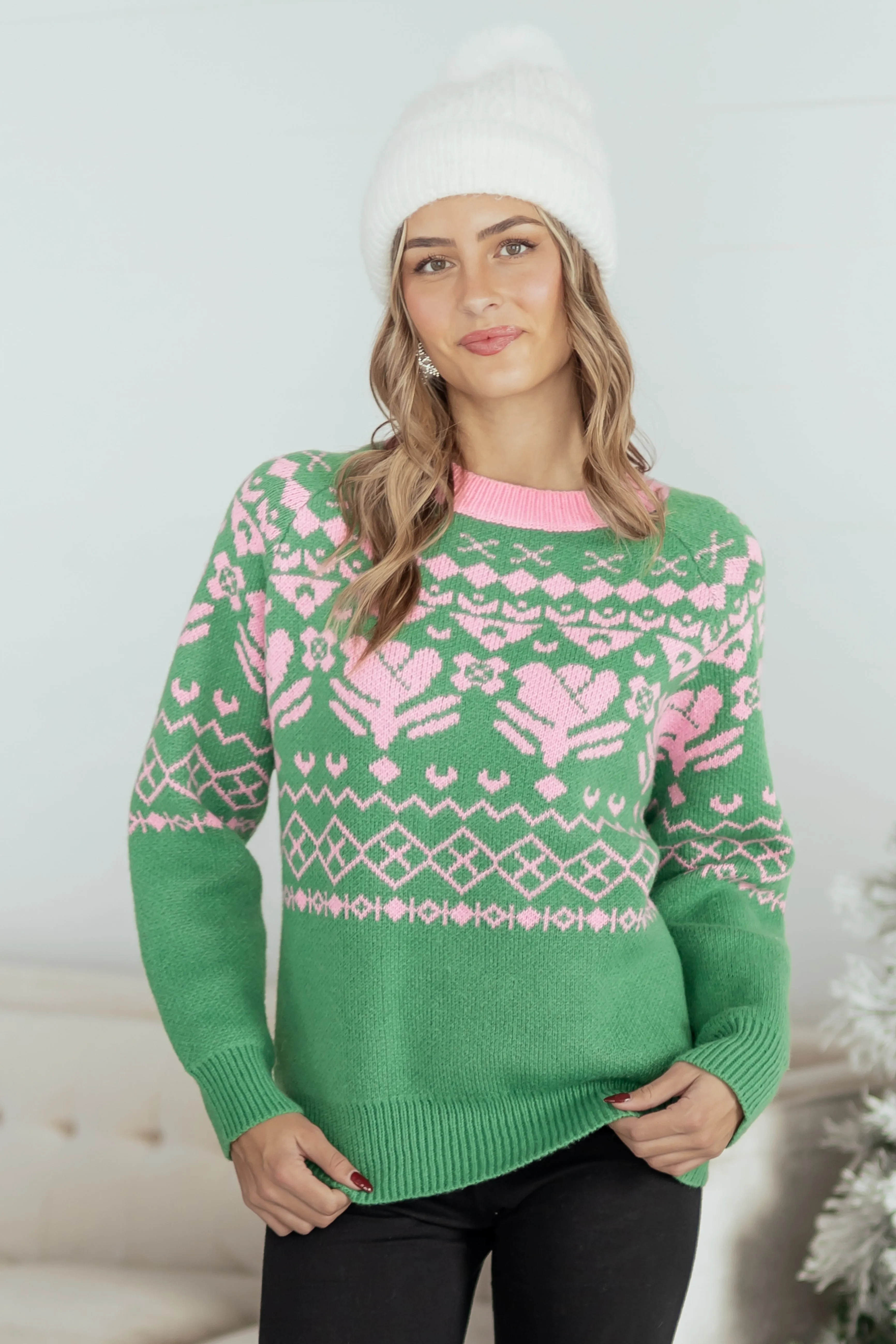Listicle Kelly Green Fair Isle Print Sweater sold by Lime Lush