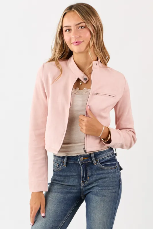 Blush Faux Suede High Button Collar Zip Up Jacket sold by Lime Lush
