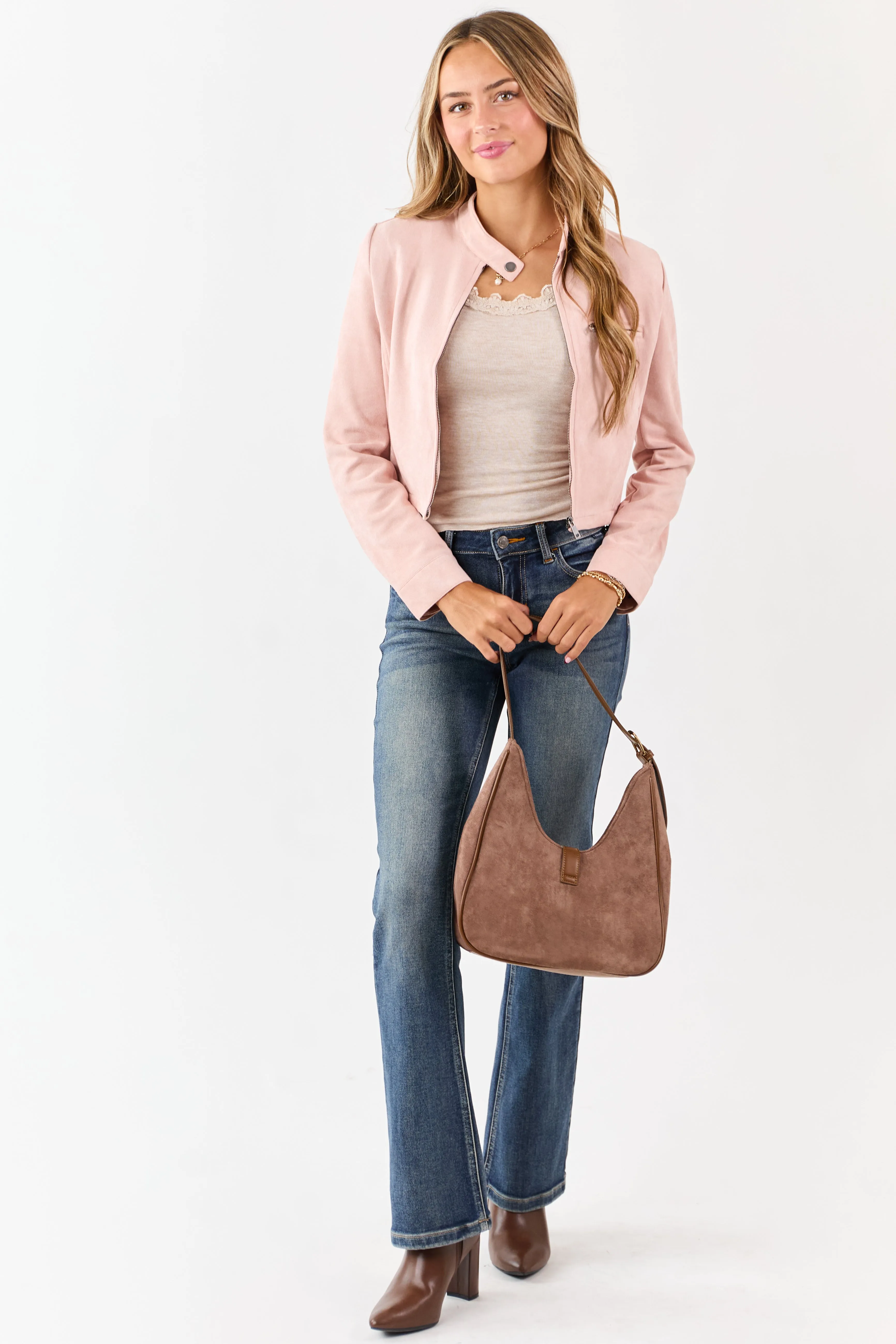 Blush Faux Suede High Button Collar Zip Up Jacket sold by Lime Lush product image thumbnail 3