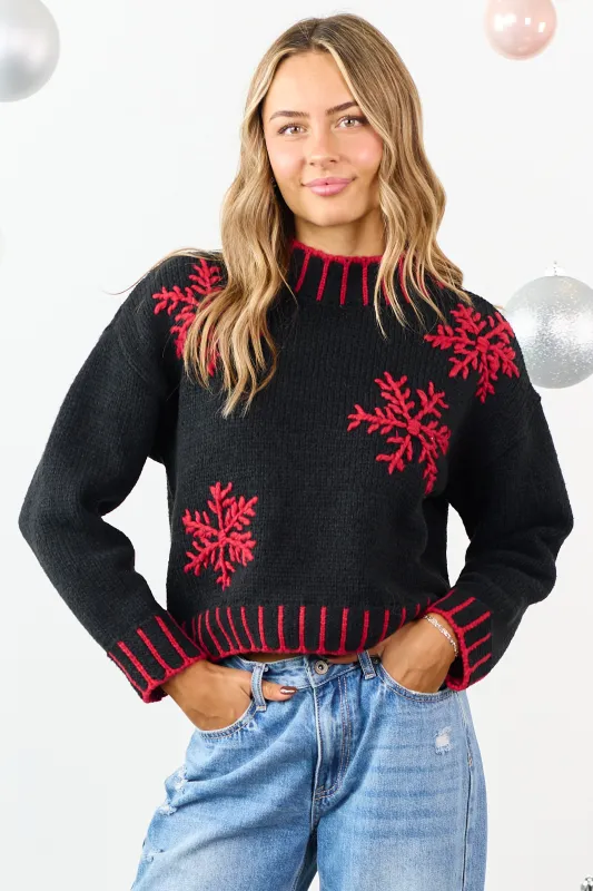Black Embroidered Snowflake Pattern Knit Sweater sold by Lime Lush