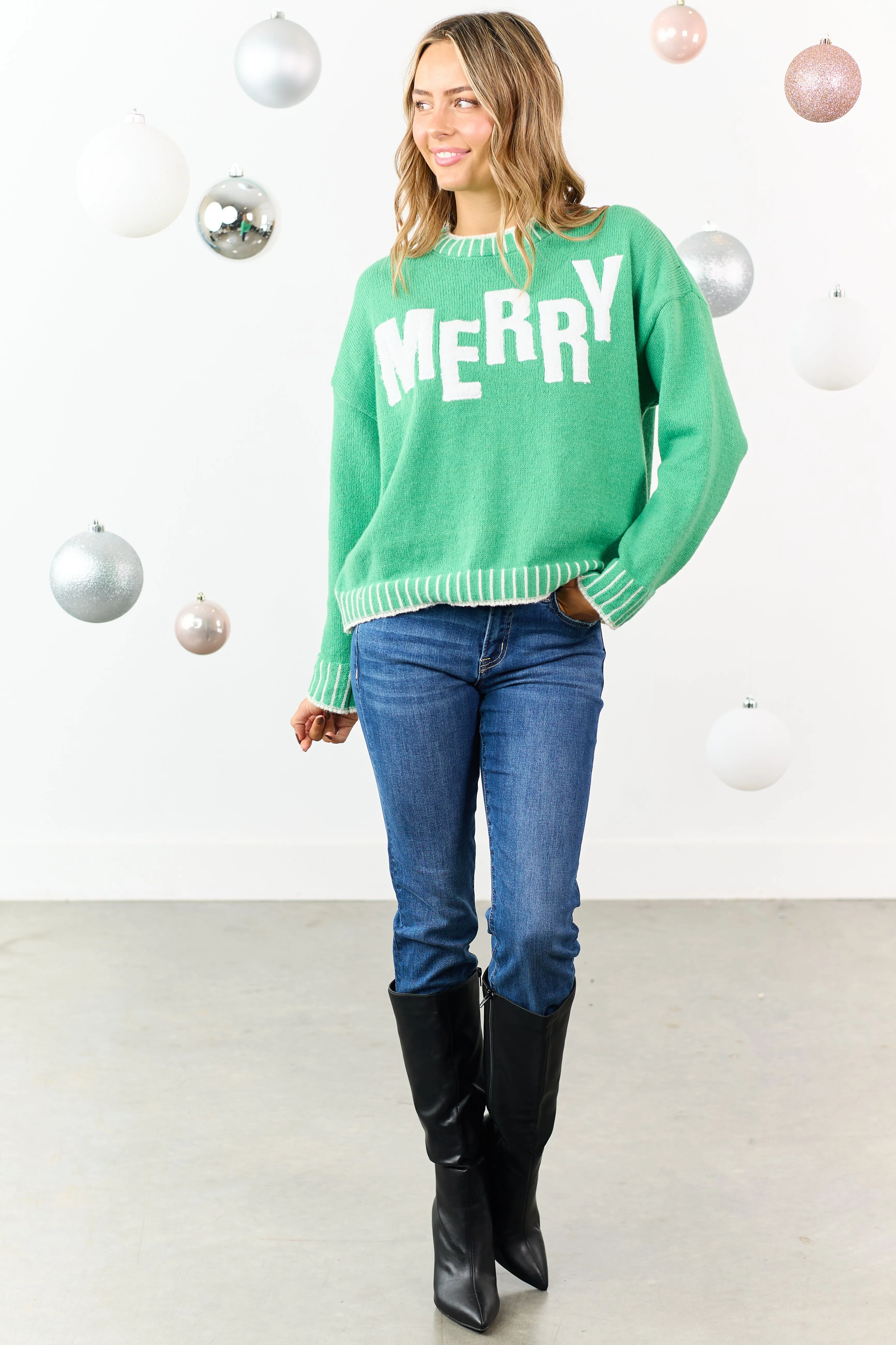Kelly Green 'Merry' Textured Graphic Relaxed Sweater sold by Lime Lush product image thumbnail 2