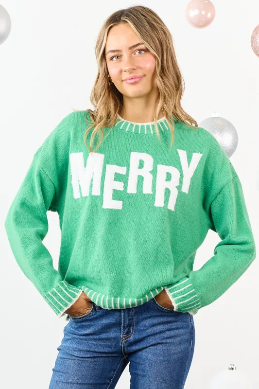 Kelly Green 'Merry' Textured Graphic Relaxed Sweater sold by Lime Lush