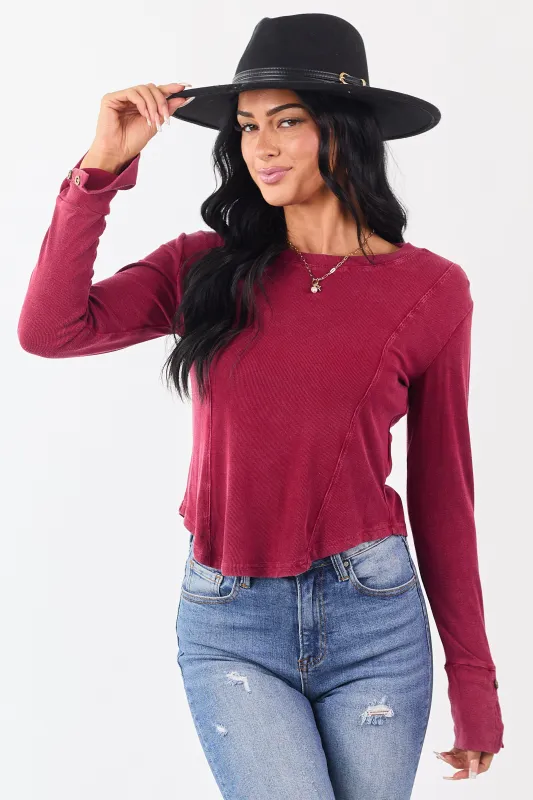 Washed Maroon Ribbed Knit Long Sleeve Top sold by Lime Lush