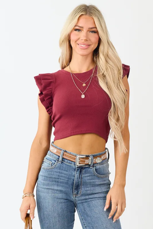 Maroon Rib Knit Ruffle Cap Sleeve Crop Top made by Day + Moon