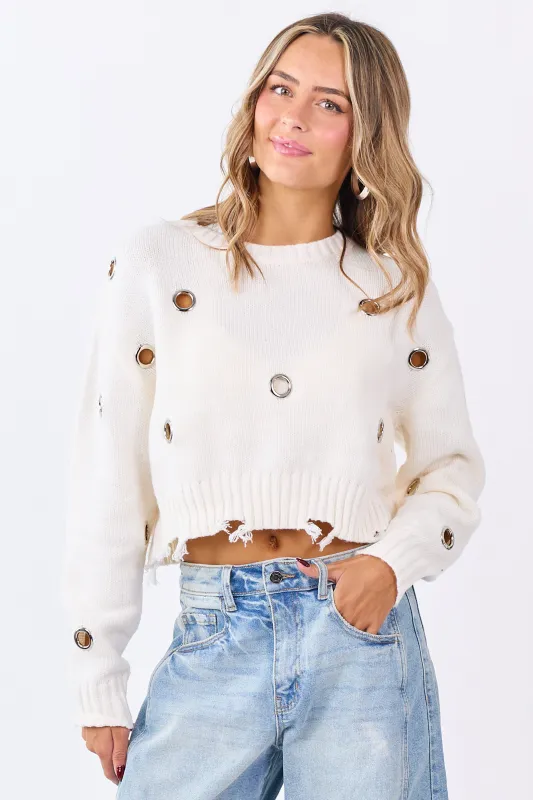 Ivory Large Grommet Cropped Knit Sweater sold by Lime Lush