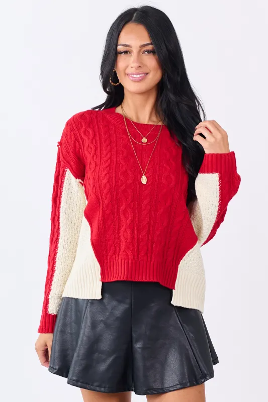 Lipstick Colorblock Cable Knit Crew Neck Sweater sold by Lime Lush