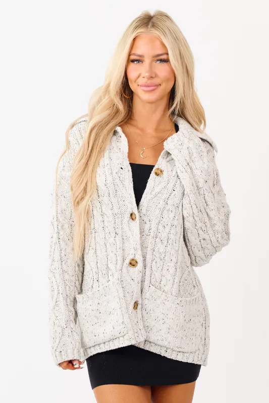 Coconut Collared Cable Knit Button Up Cardigan made by Le Lis
