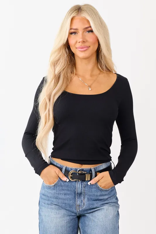 Black Long Sleeve Scoop Neck Ribbed Top made by Nikibiki