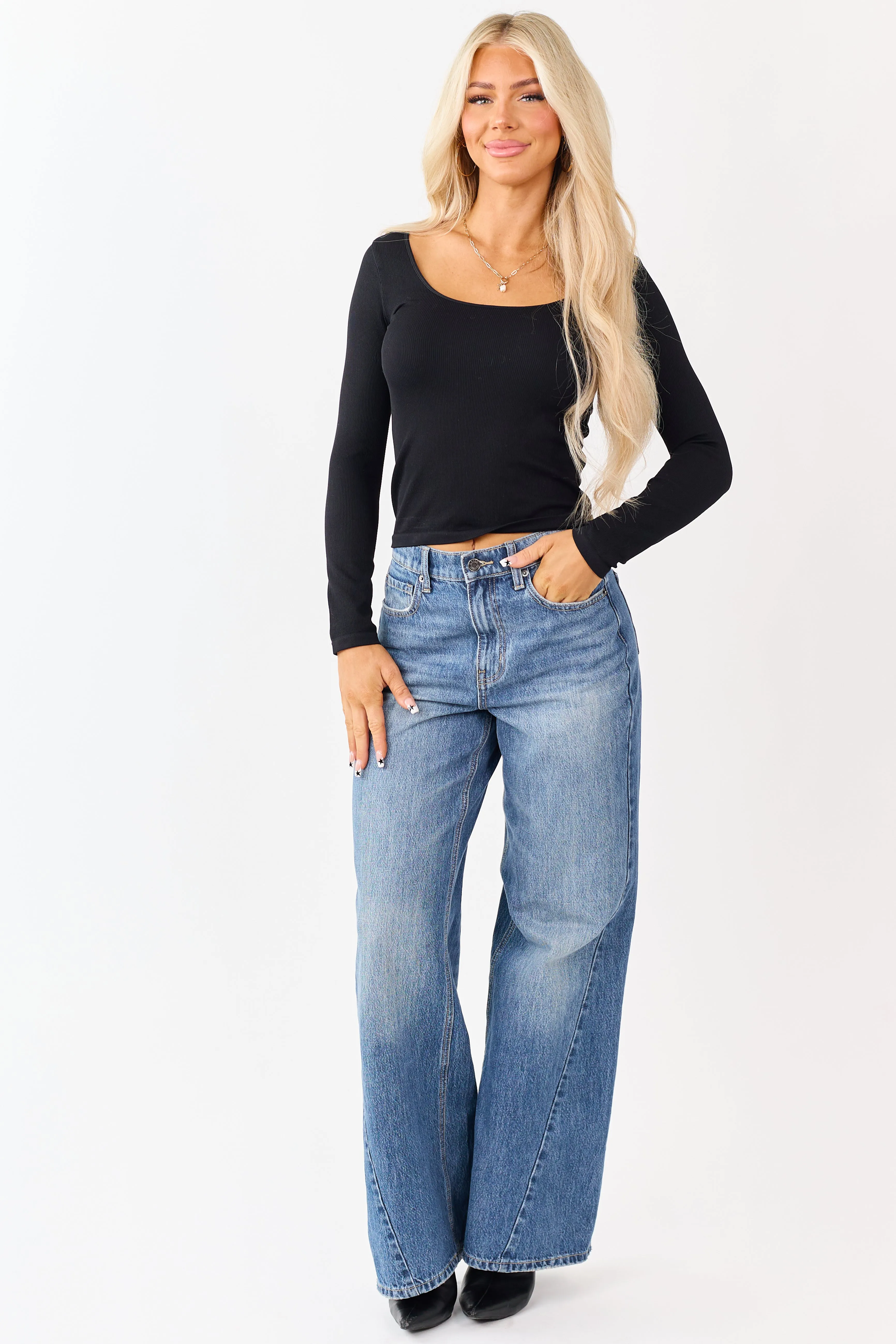 Black Long Sleeve Scoop Neck Ribbed Top sold by Lime Lush product image thumbnail 2