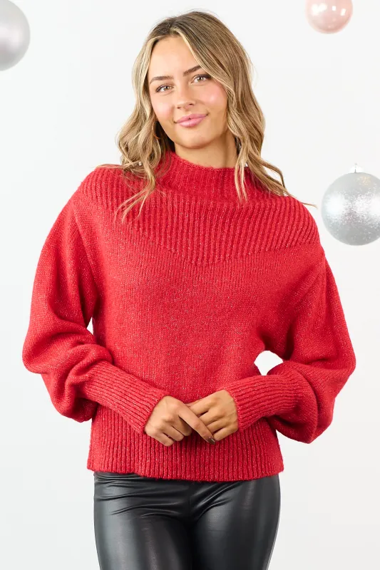 Lipstick Ribbed Balloon Sleeve Mock Neck Sweater sold by Lime Lush