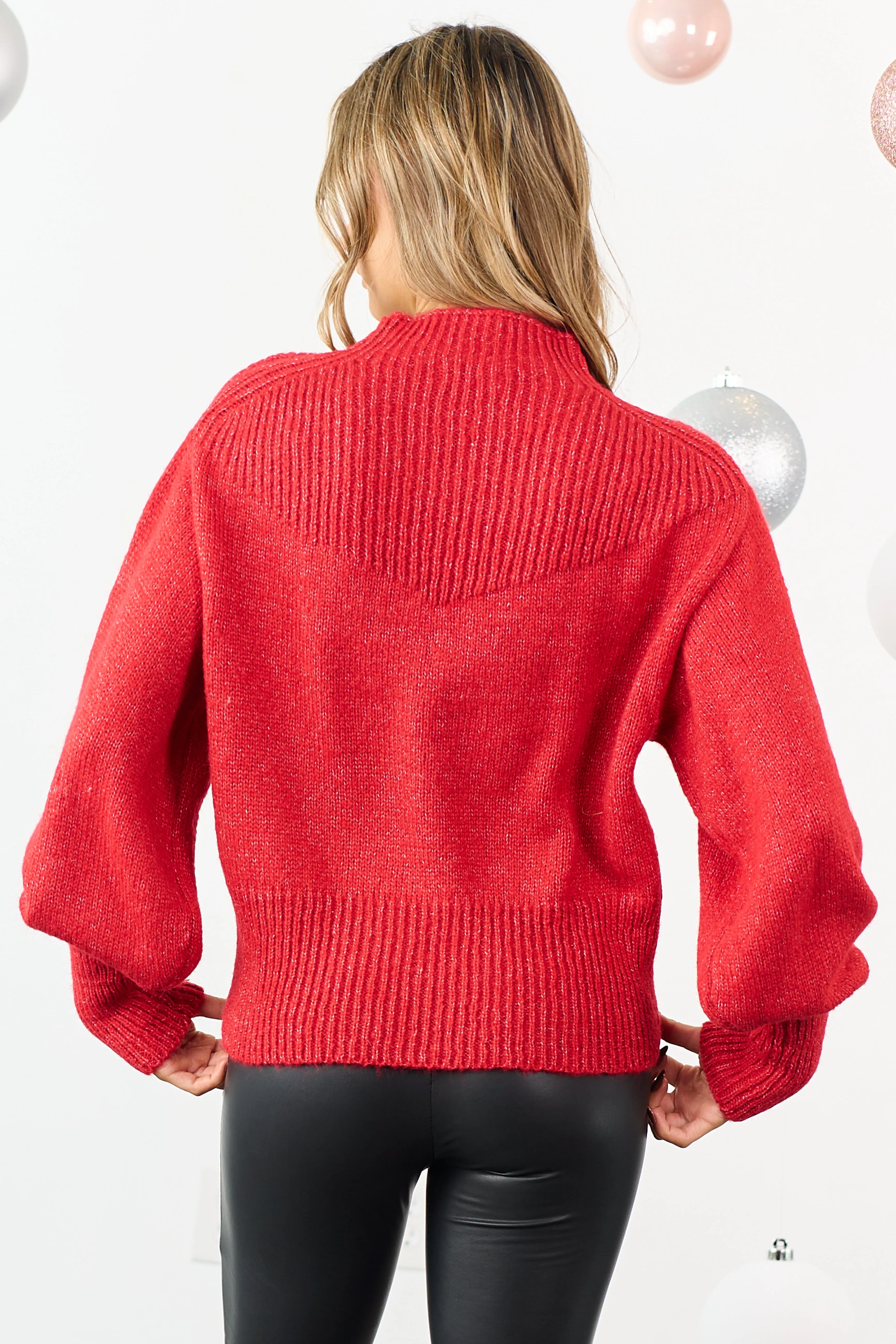 Lipstick Ribbed Balloon Sleeve Mock Neck Sweater sold by Lime Lush product image thumbnail 5