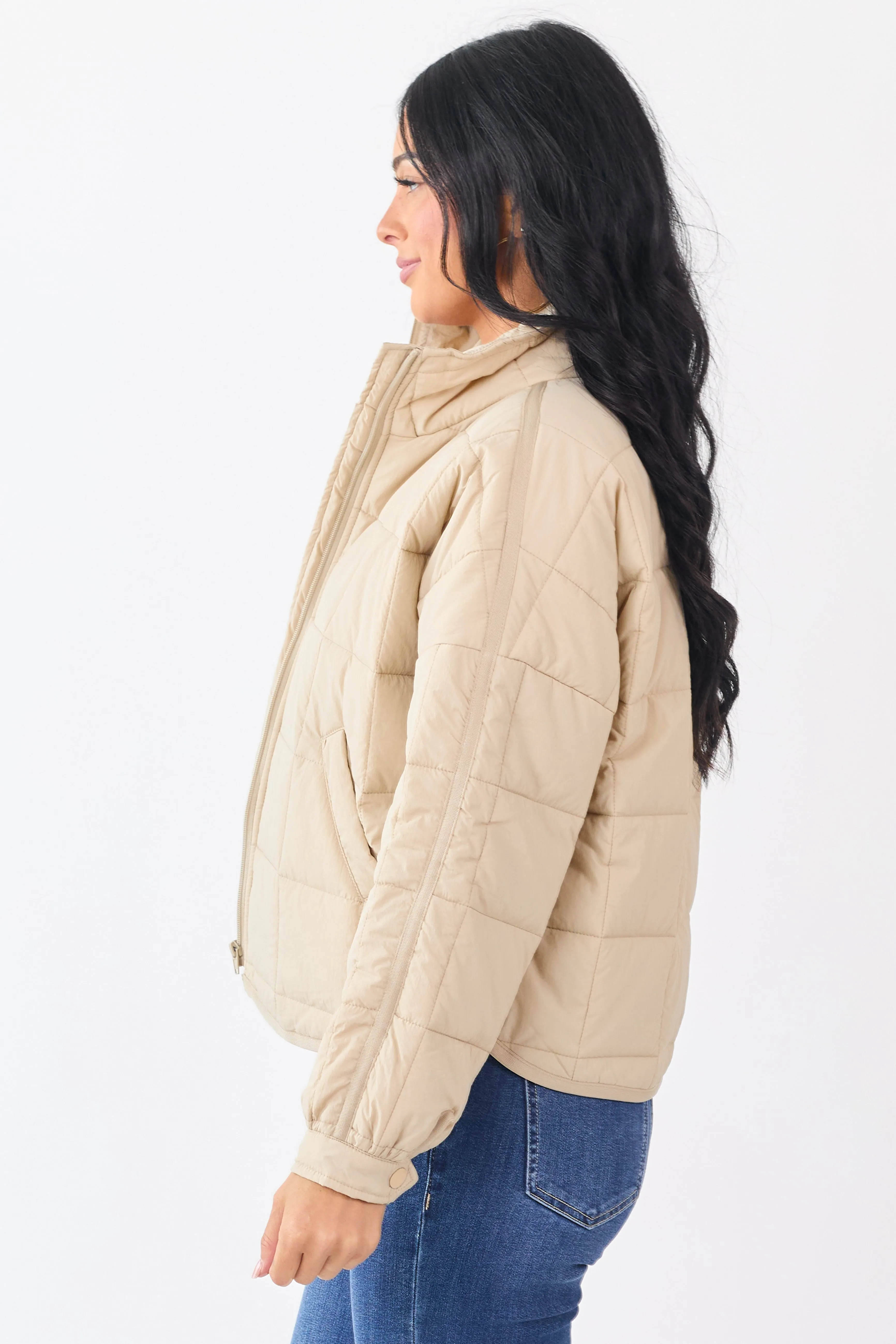 Beige Mock Neck Quilted Square Zip Up Puffer Jacket sold by Lime Lush product image thumbnail 4