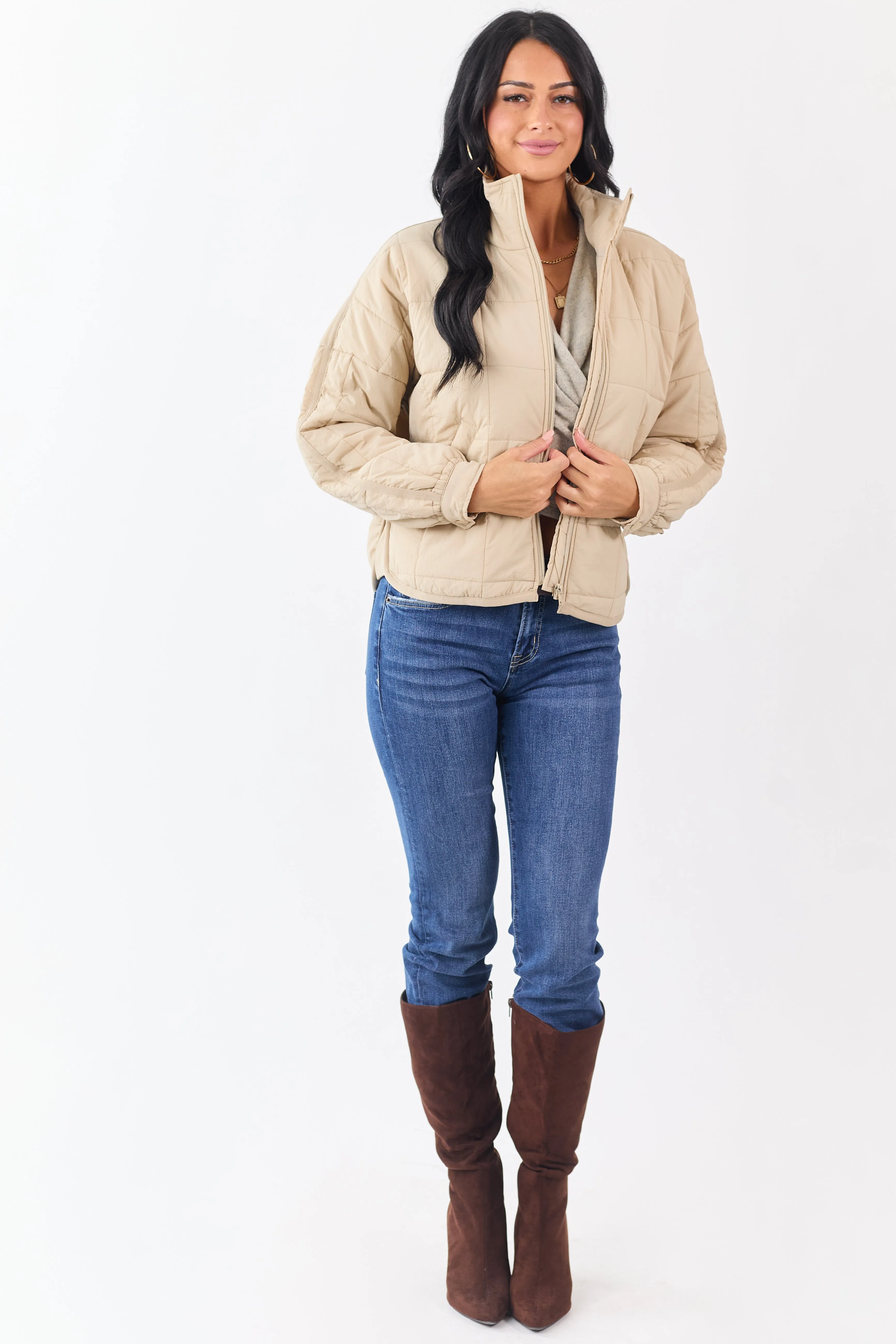 Beige Mock Neck Quilted Square Zip Up Puffer Jacket sold by Lime Lush product image thumbnail 2