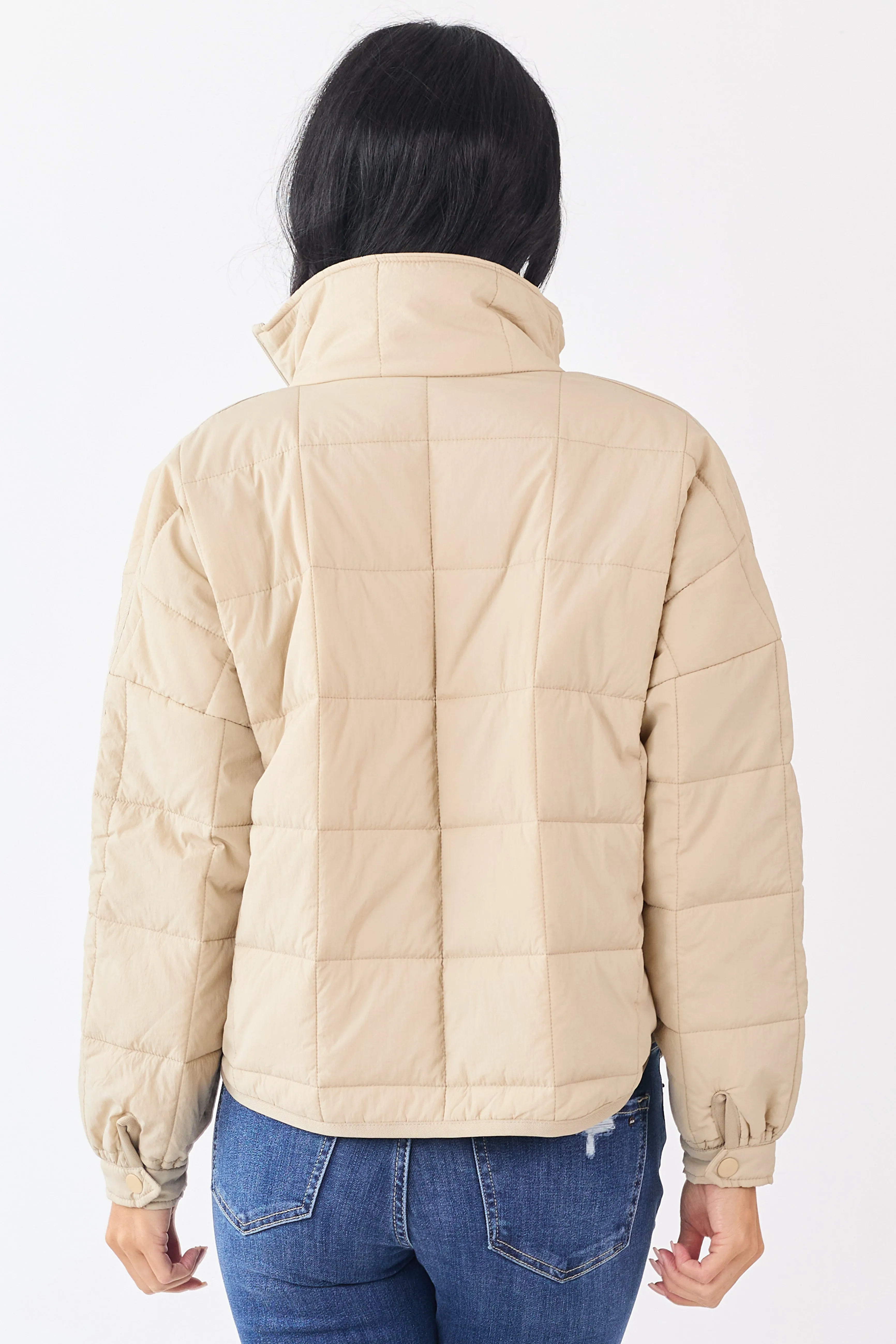 Beige Mock Neck Quilted Square Zip Up Puffer Jacket sold by Lime Lush product image thumbnail 5