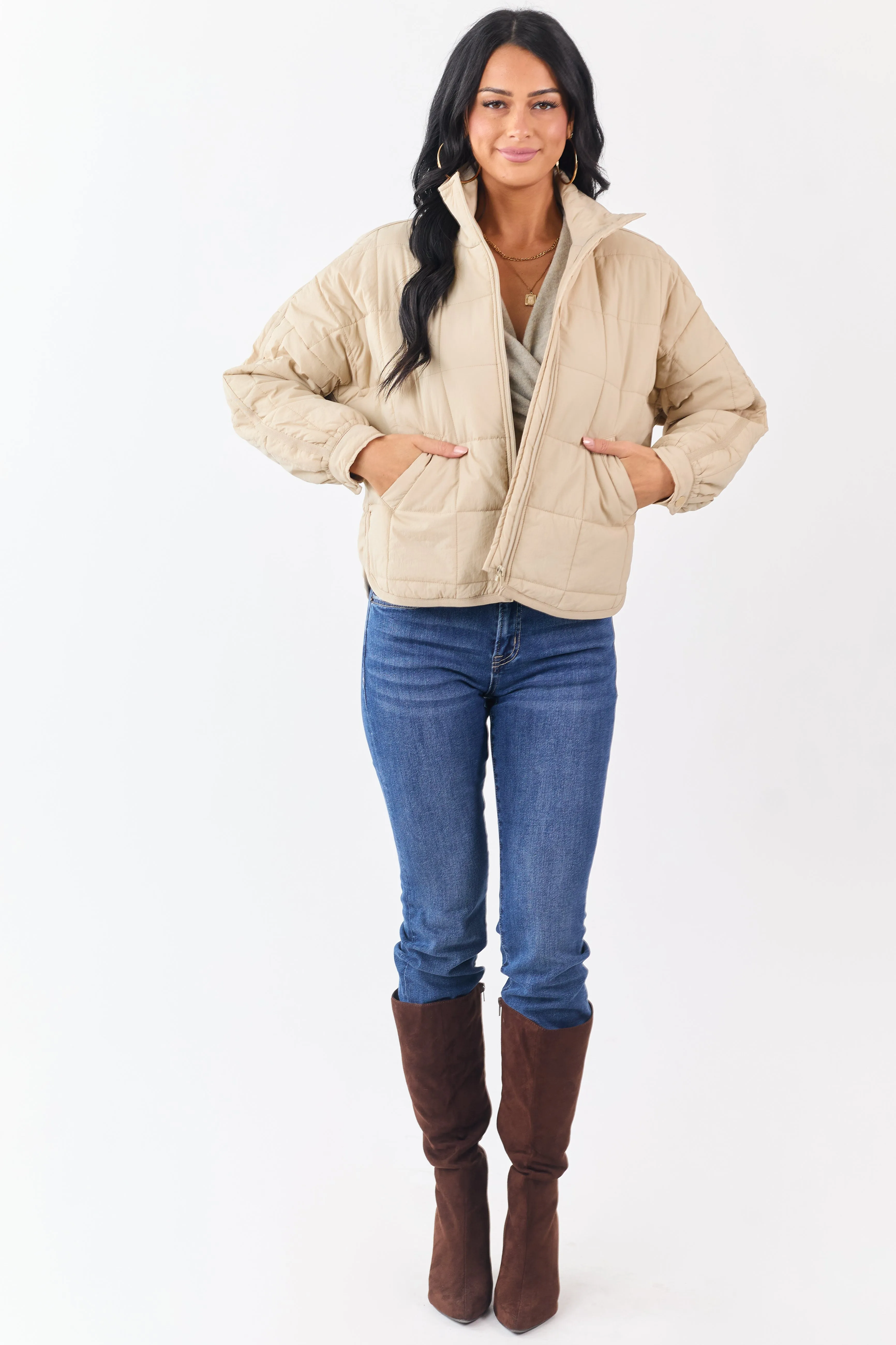 Beige Mock Neck Quilted Square Zip Up Puffer Jacket sold by Lime Lush product image thumbnail 3