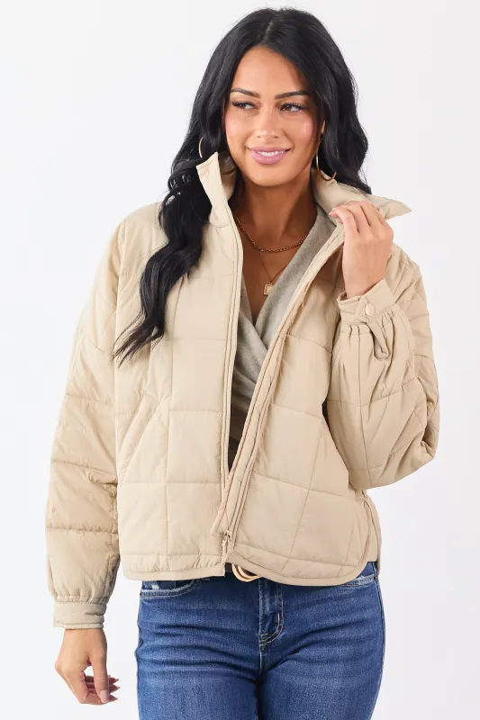 Beige Mock Neck Quilted Square Zip Up Puffer Jacket sold by Lime Lush