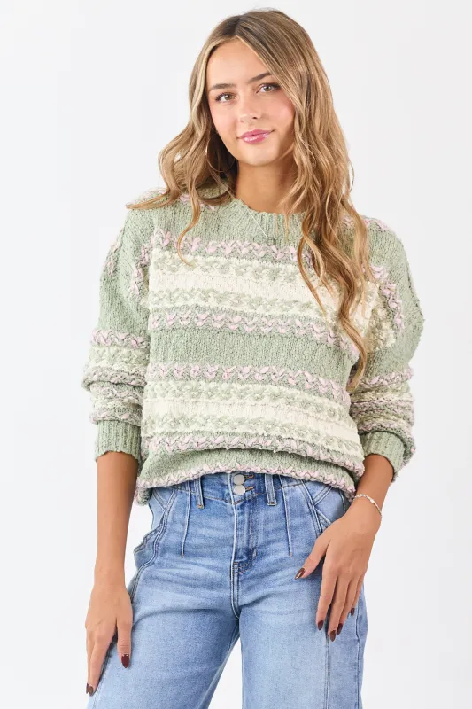 Sage Colorblock Textured Striped Soft Knit Sweater made by Very J