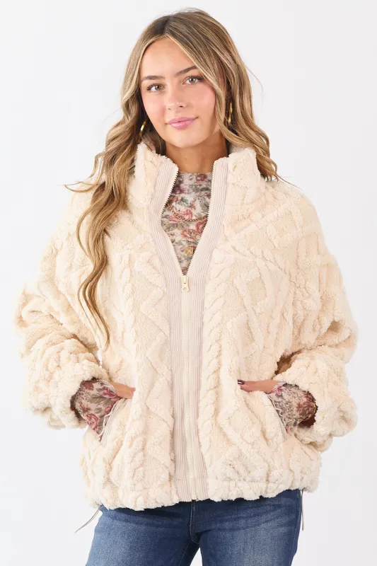 Champagne Teddy Fleece Cable Knit Zip Up Jacket made by Very J