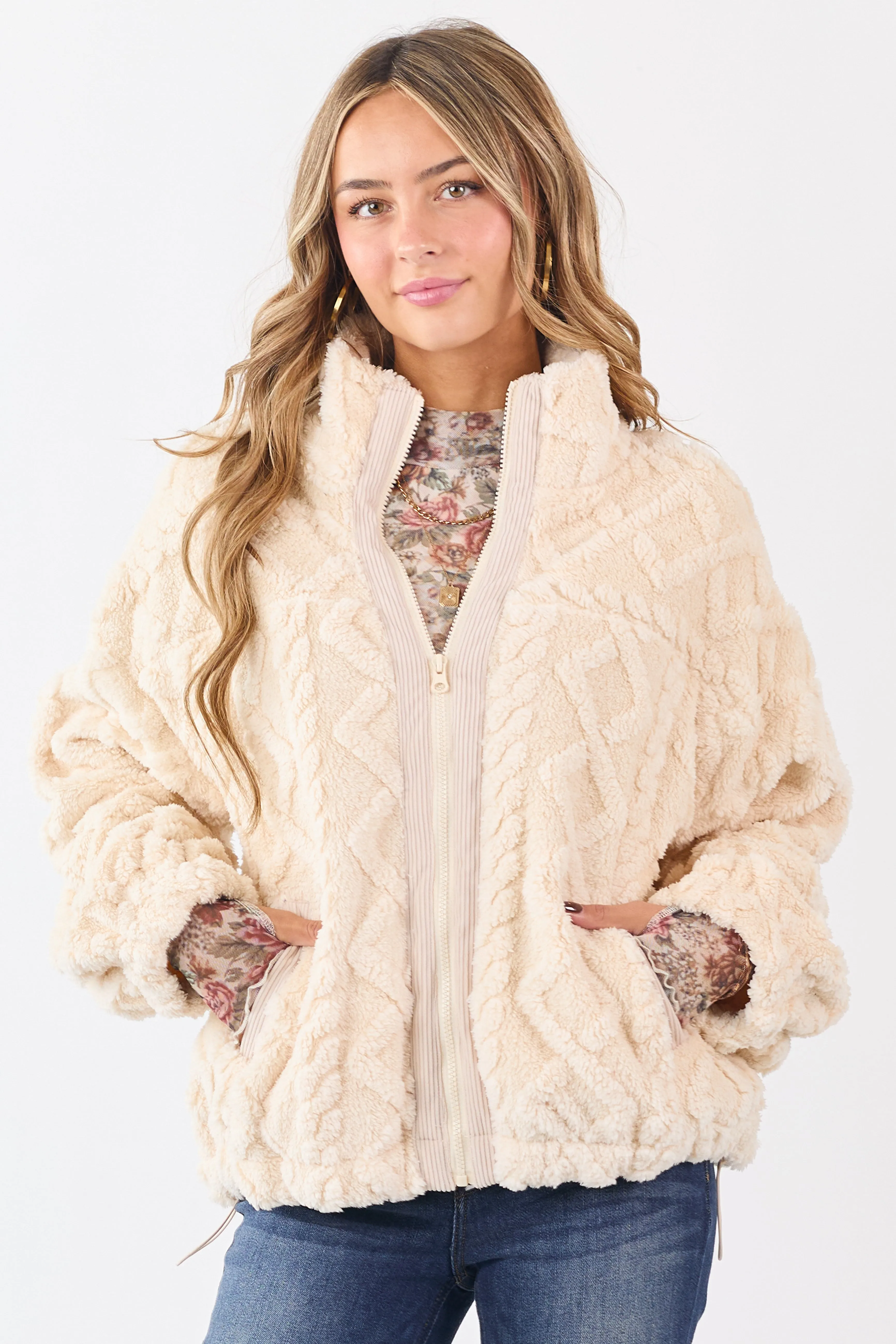 Champagne Teddy Fleece Cable Knit Zip Up Jacket sold by Lime Lush