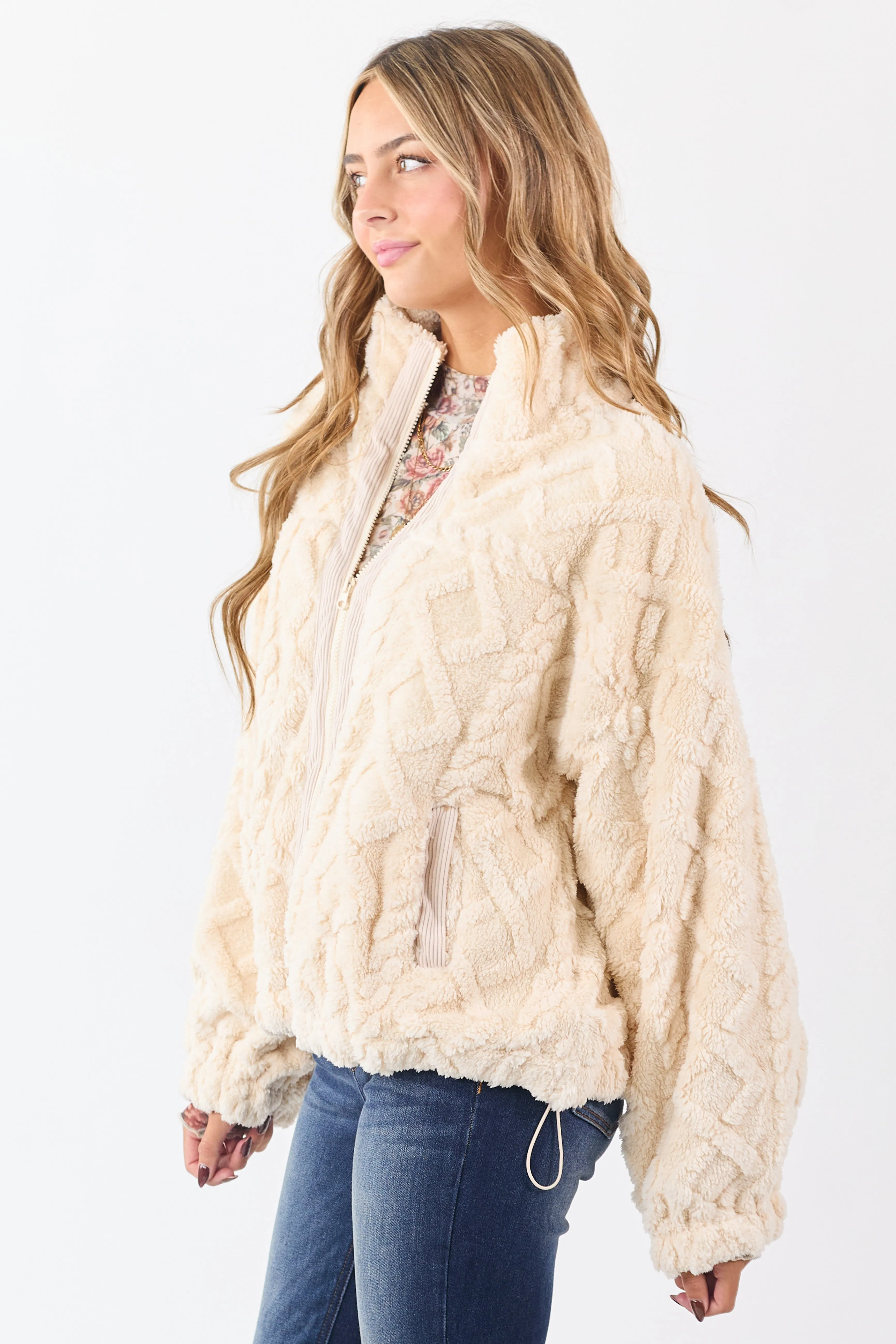 Champagne Teddy Fleece Cable Knit Zip Up Jacket sold by Lime Lush product image thumbnail 3