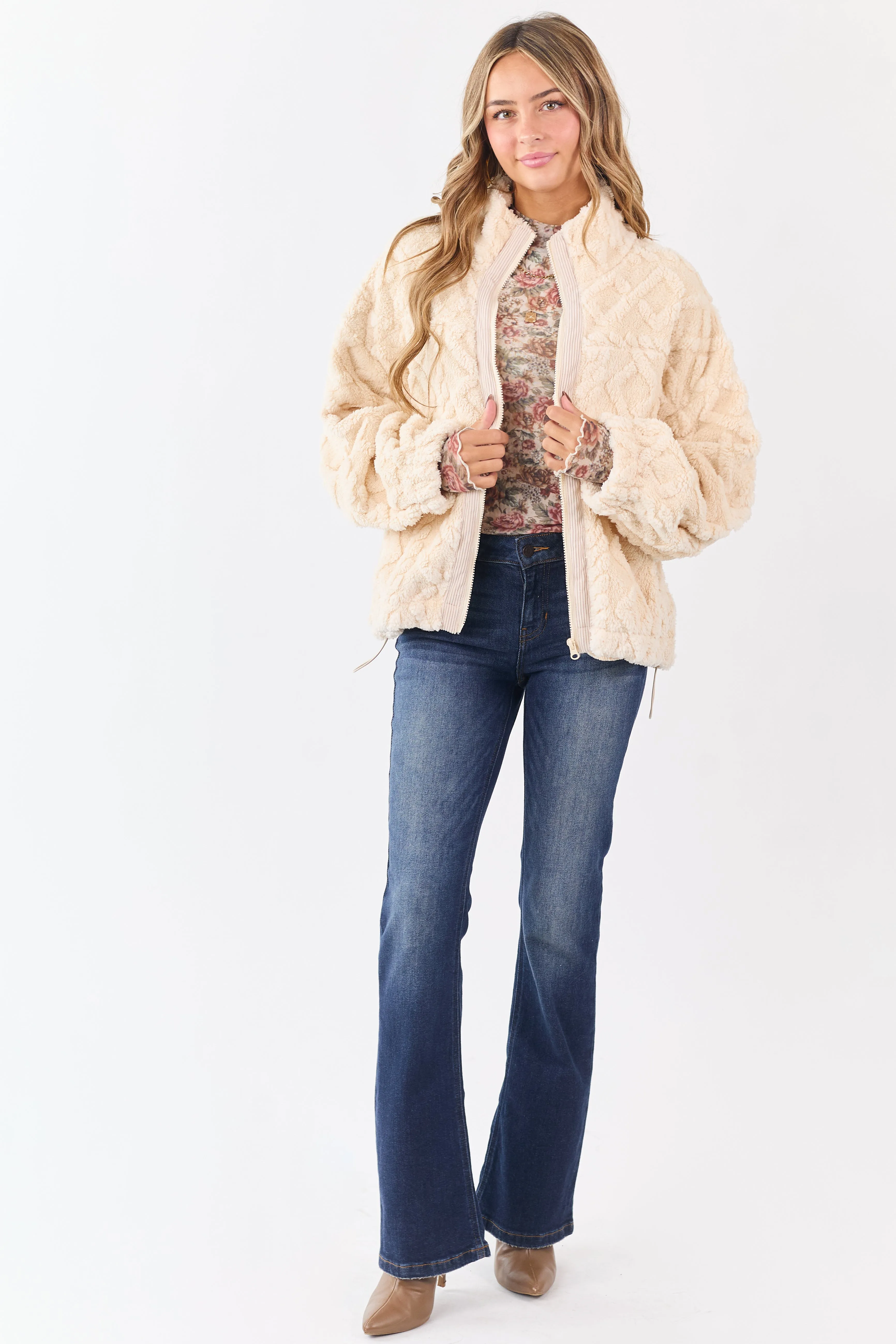 Champagne Teddy Fleece Cable Knit Zip Up Jacket sold by Lime Lush product image thumbnail 5
