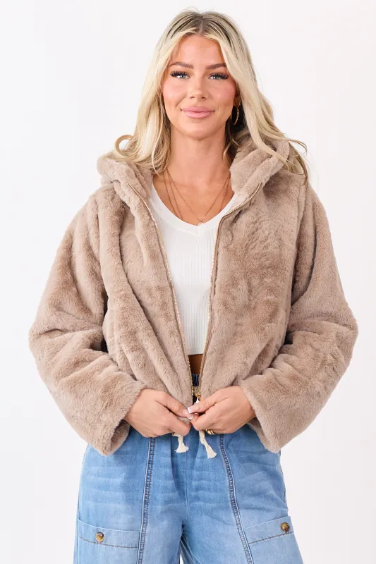 Oatmeal Faux Fur Hooded Zip Up Jacket sold by Lime Lush