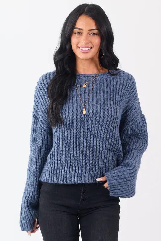 Steel Blue Chunky Rib Knit Boxy Boat Neck Sweater sold by Lime Lush