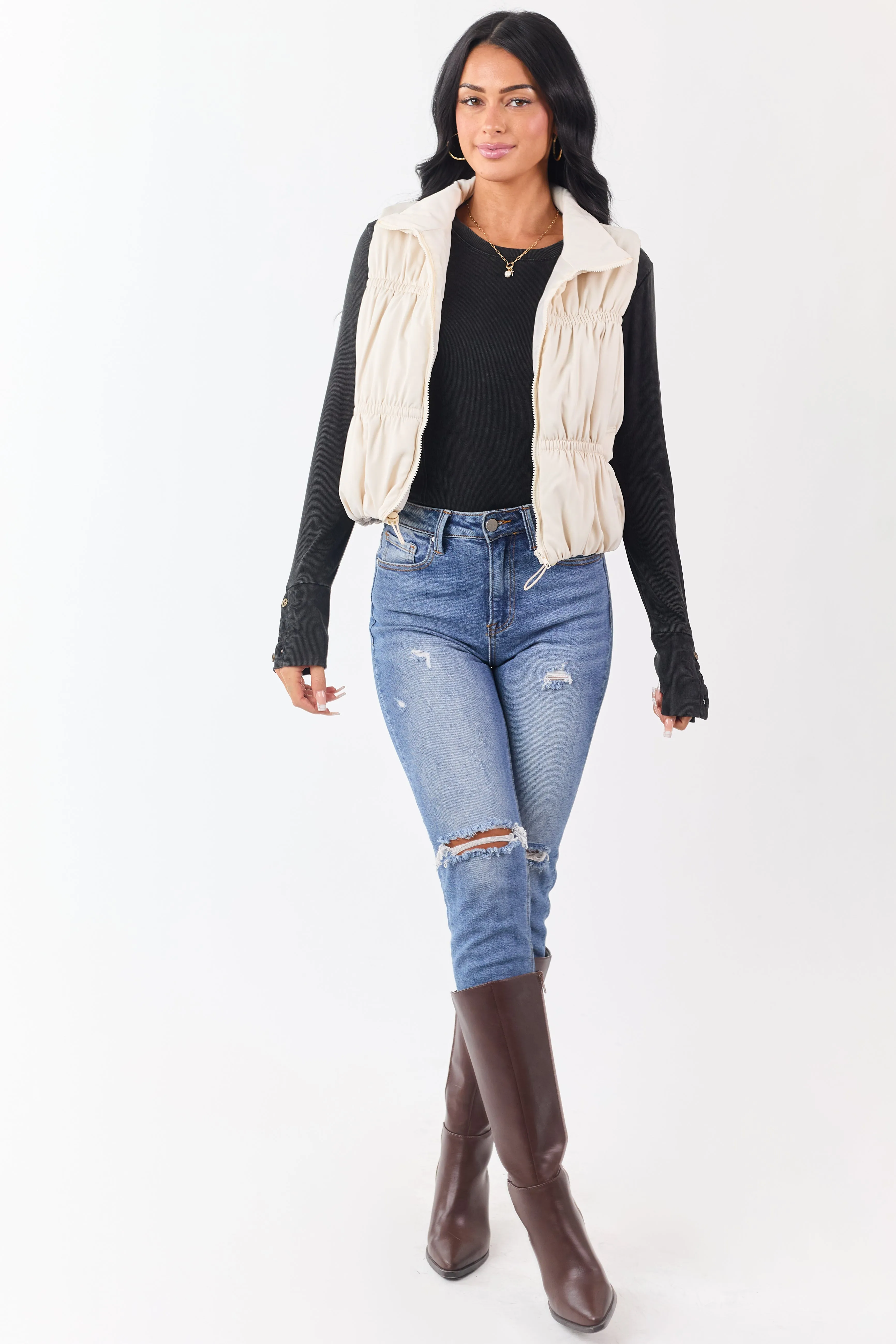 Vanilla Ruched Zip Up Puffer Vest sold by Lime Lush product image thumbnail 2