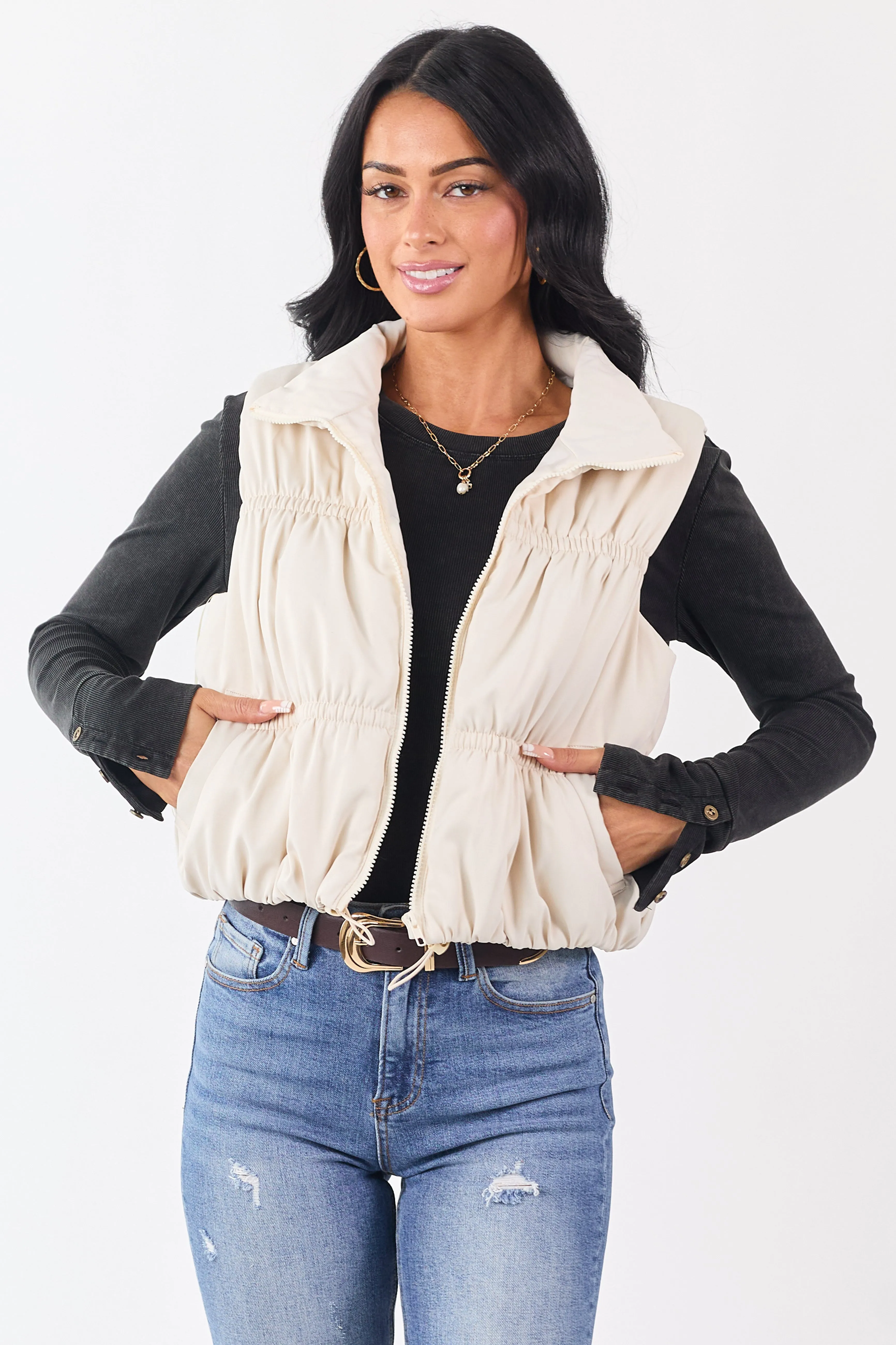 Vanilla Ruched Zip Up Puffer Vest sold by Lime Lush