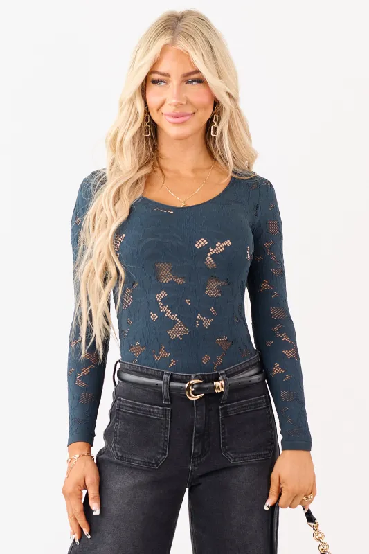 Dark Pine Textured Lace Long Sleeve Bodysuit sold by Lime Lush
