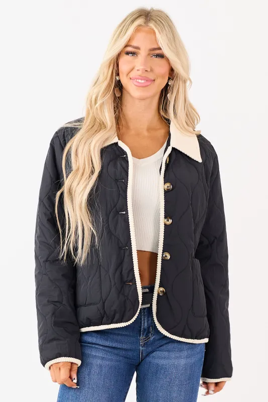 Black Quilted Contrast Corduroy Trim Jacket sold by Lime Lush