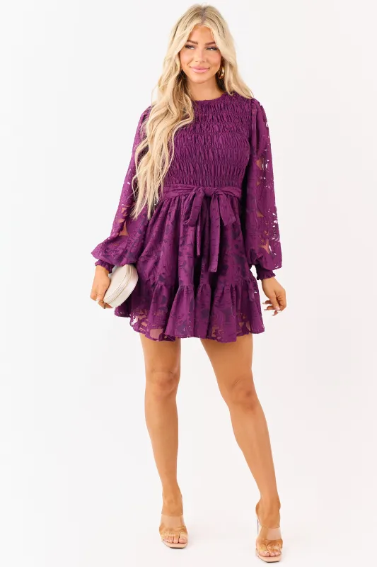Flying Tomato Plum Floral Lace Smocked Mini Dress sold by Lime Lush