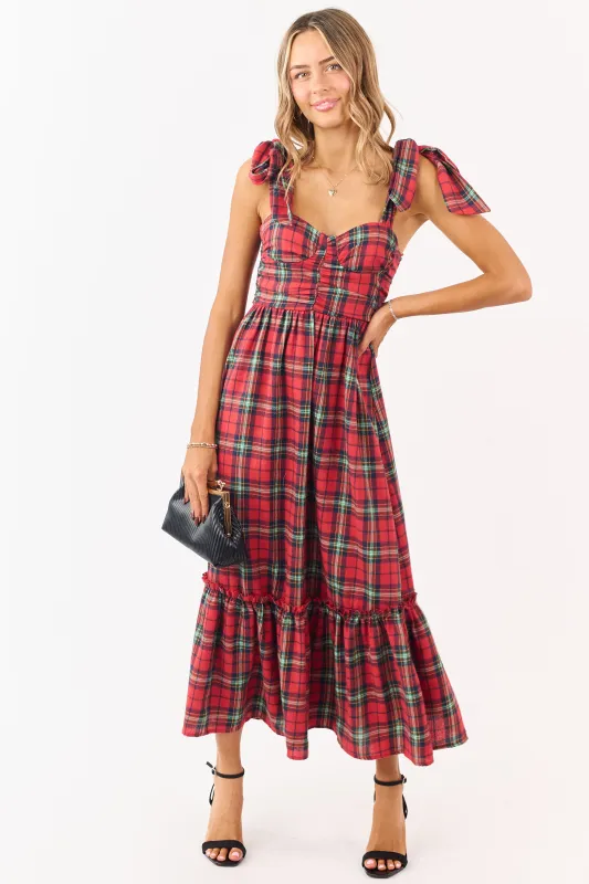 Ruby Plaid Tie Strap Sweetheart Midi Dress sold by Lime Lush