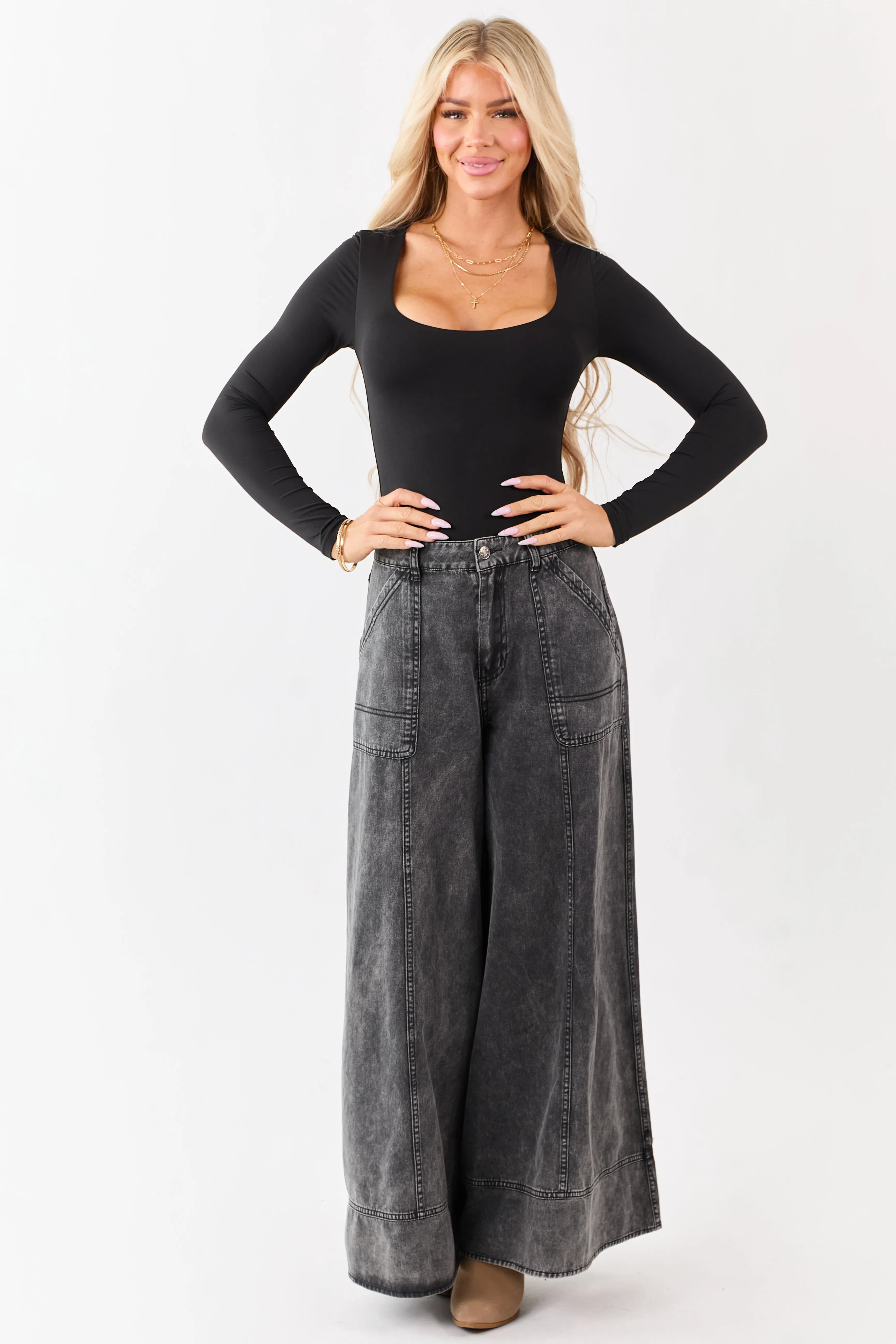 Black Contour Scoop Neck Long Sleeve Bodysuit sold by Lime Lush product image thumbnail 2