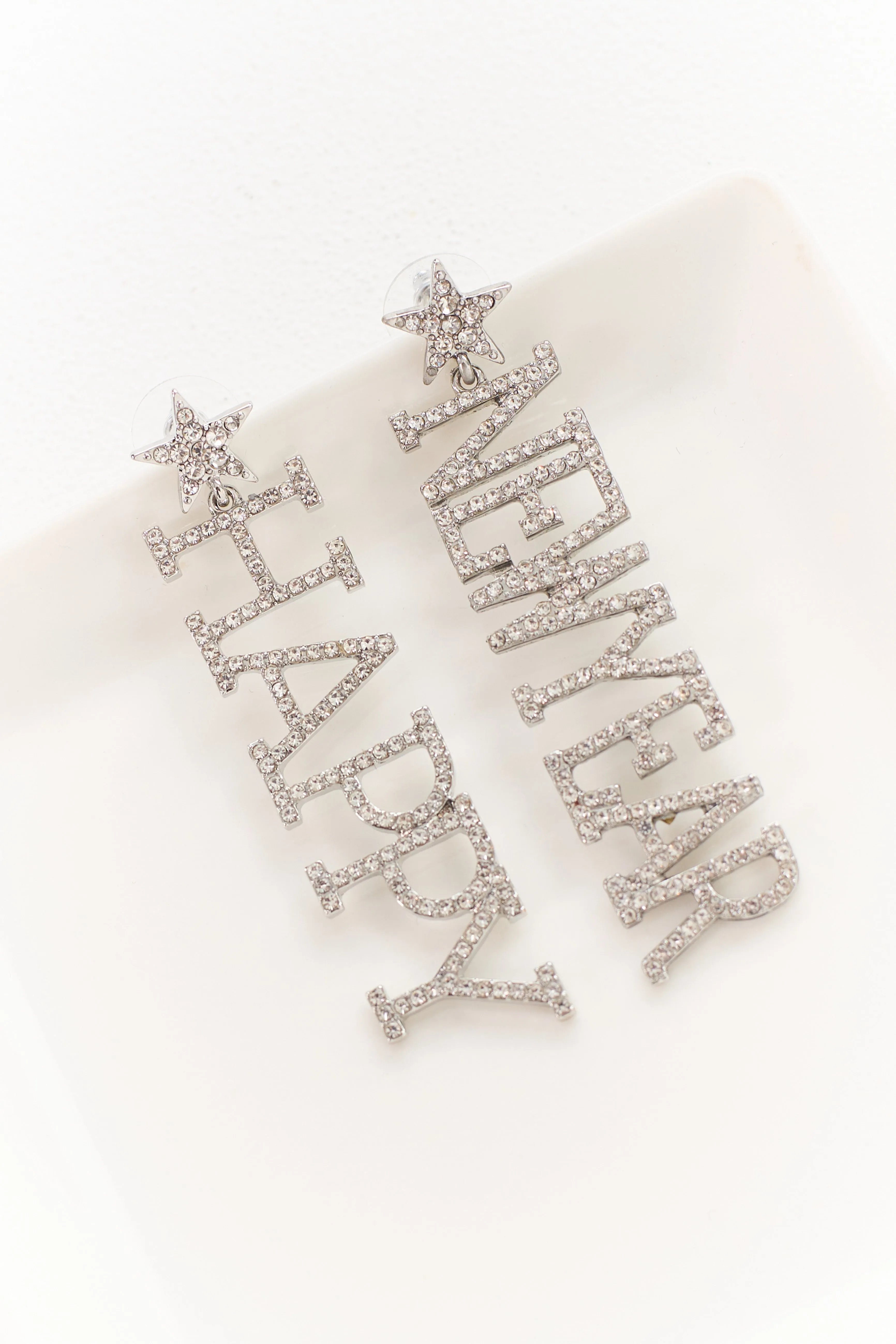 Silver Rhinestone 'Happy New Year' Dangle Earrings sold by Lime Lush