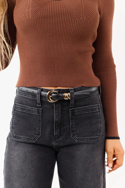 Black Leather Gold Buckle Thin Belt sold by Lime Lush