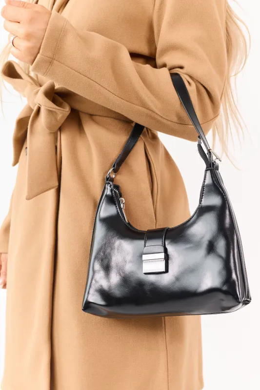 Black Patent Faux Leather Shoulder Strap Purse sold by Lime Lush