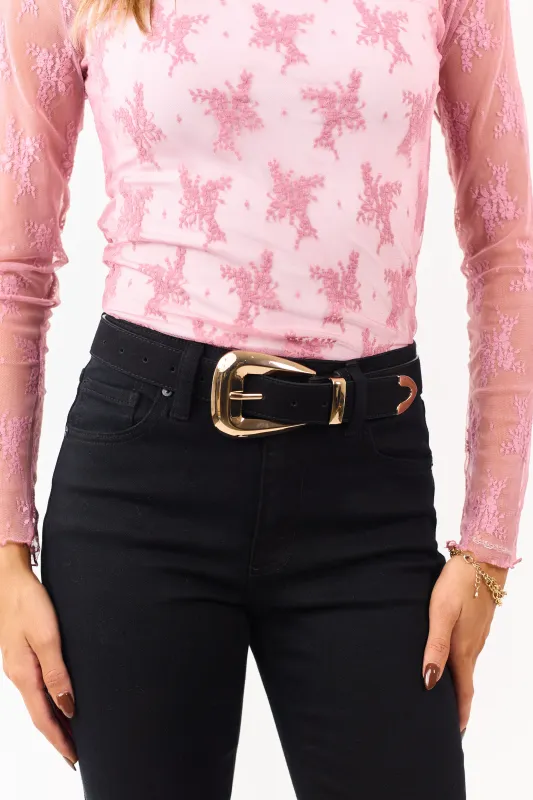 Black Rough Leather Gold Buckle Belt sold by Lime Lush