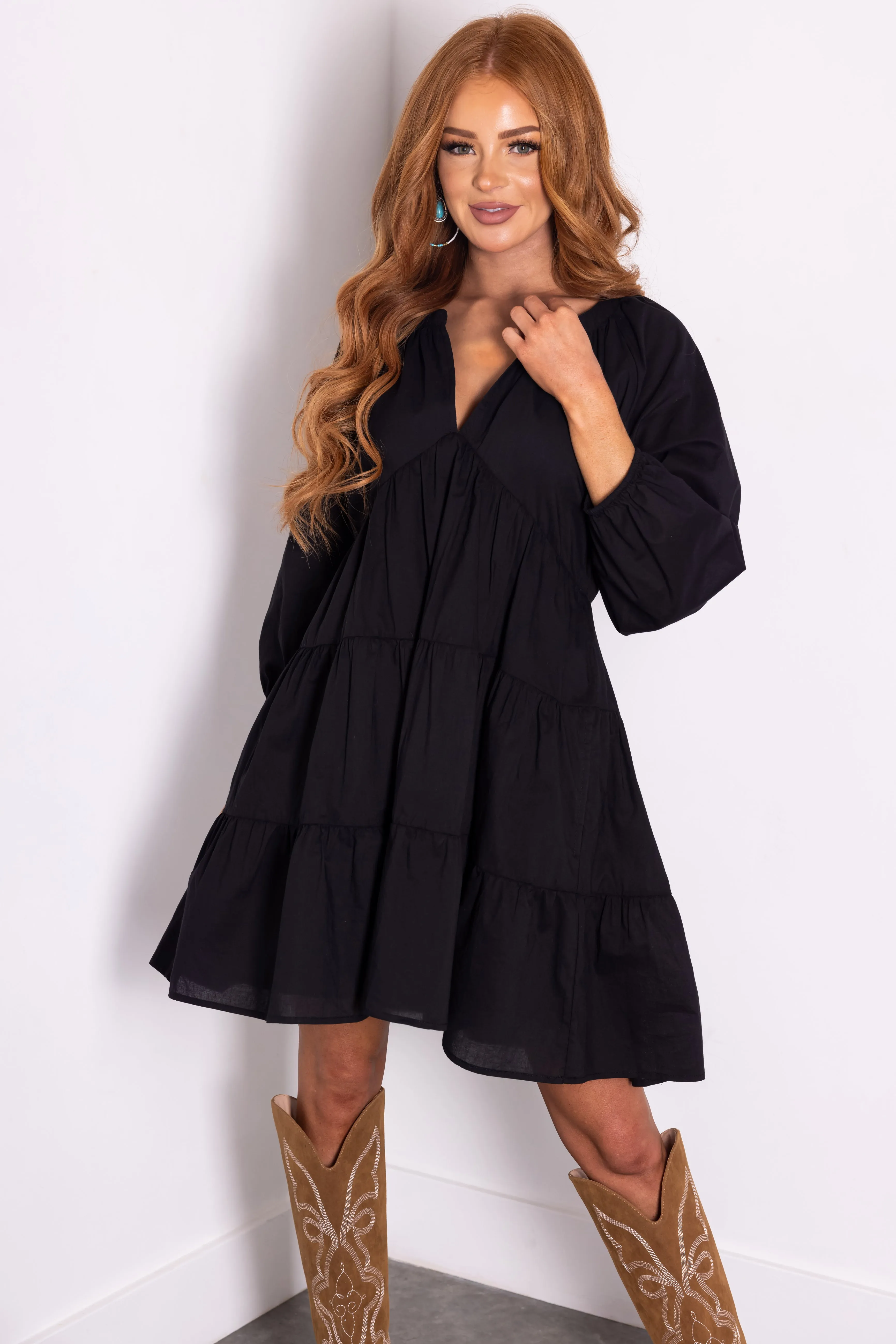 Black V Neck 3/4 Sleeve Tiered Mini Dress sold by Lime Lush product image thumbnail 3