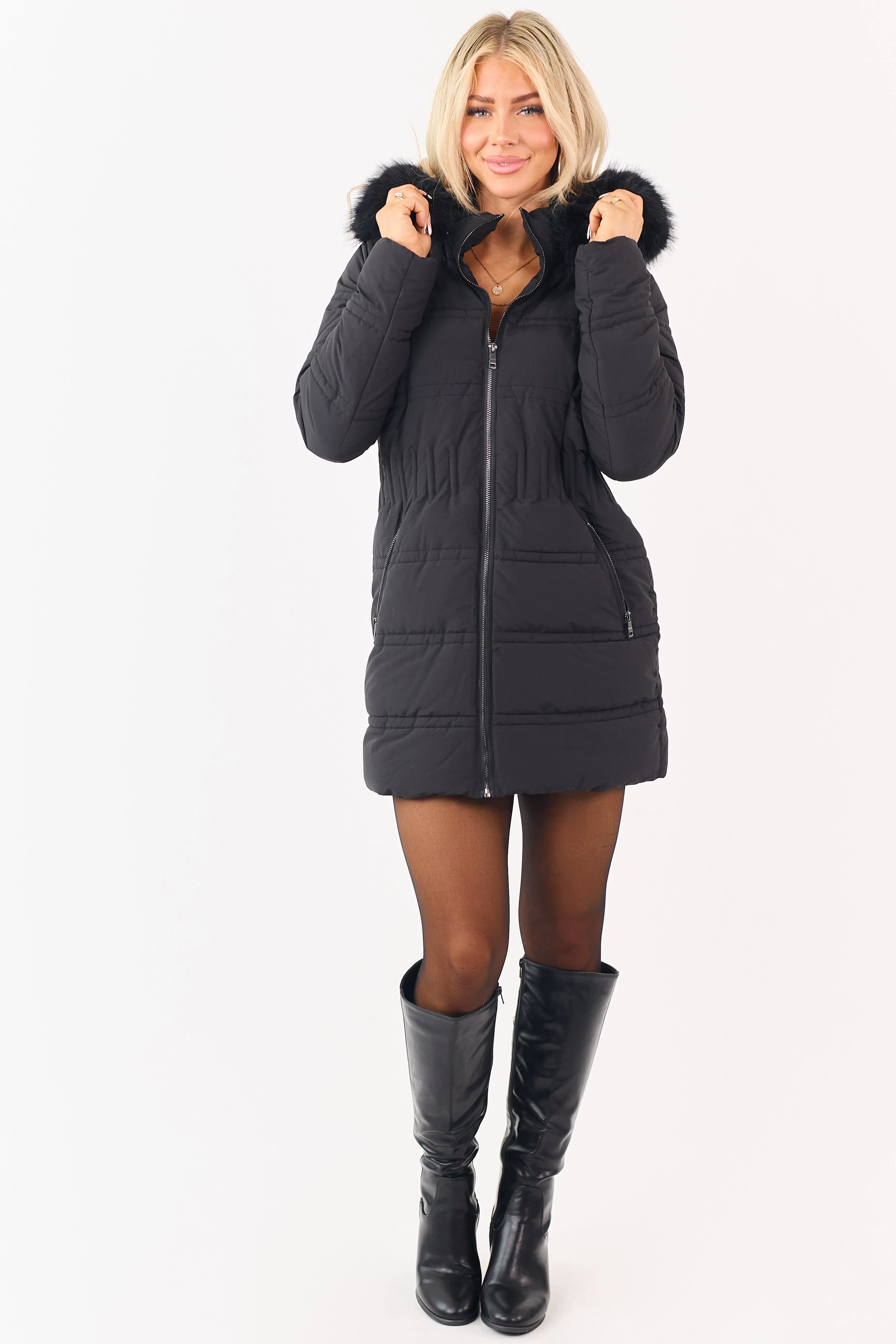 Black Faux Fur Lined Hood Zip Up Long Puffer Coat sold by Lime Lush product image thumbnail 4