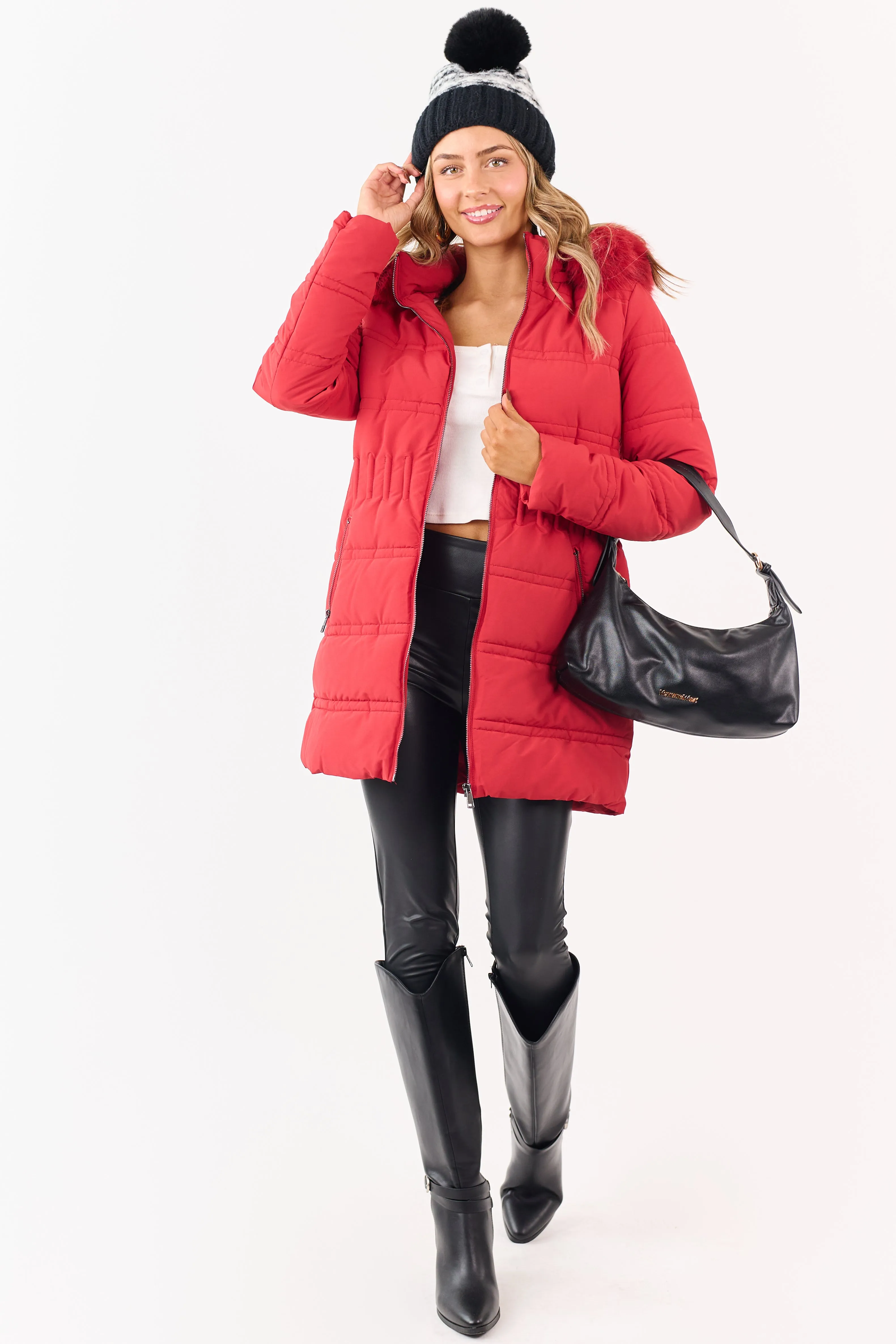 Cranberry Fur Lined Hood Zip Up Long Puffer Coat sold by Lime Lush product image thumbnail 5