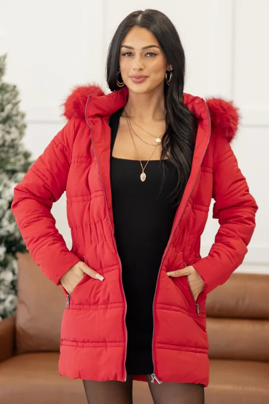 Cranberry Fur Lined Hood Zip Up Long Puffer Coat sold by Lime Lush