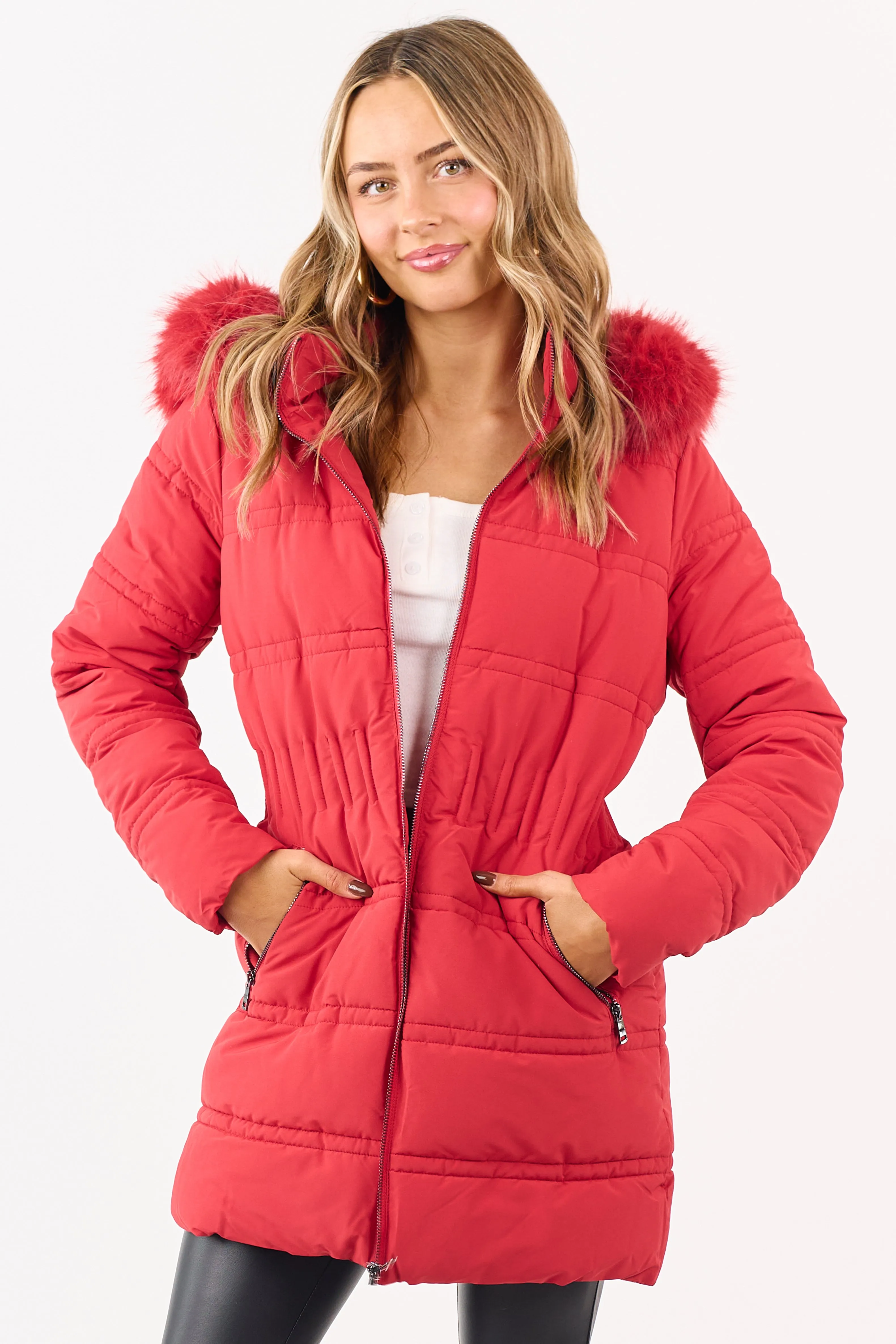 Cranberry Fur Lined Hood Zip Up Long Puffer Coat sold by Lime Lush product image thumbnail 3