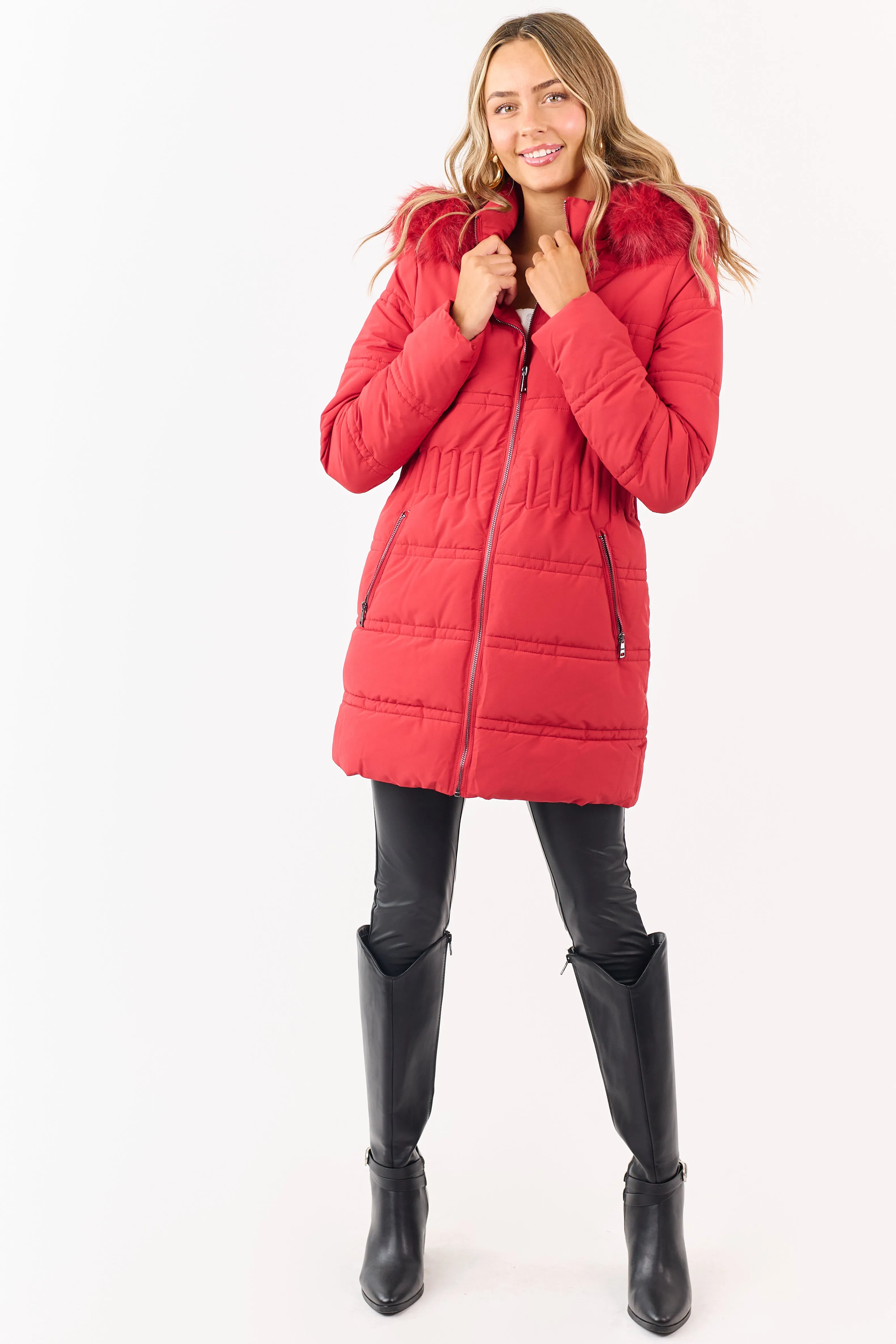 Cranberry Fur Lined Hood Zip Up Long Puffer Coat sold by Lime Lush product image thumbnail 4
