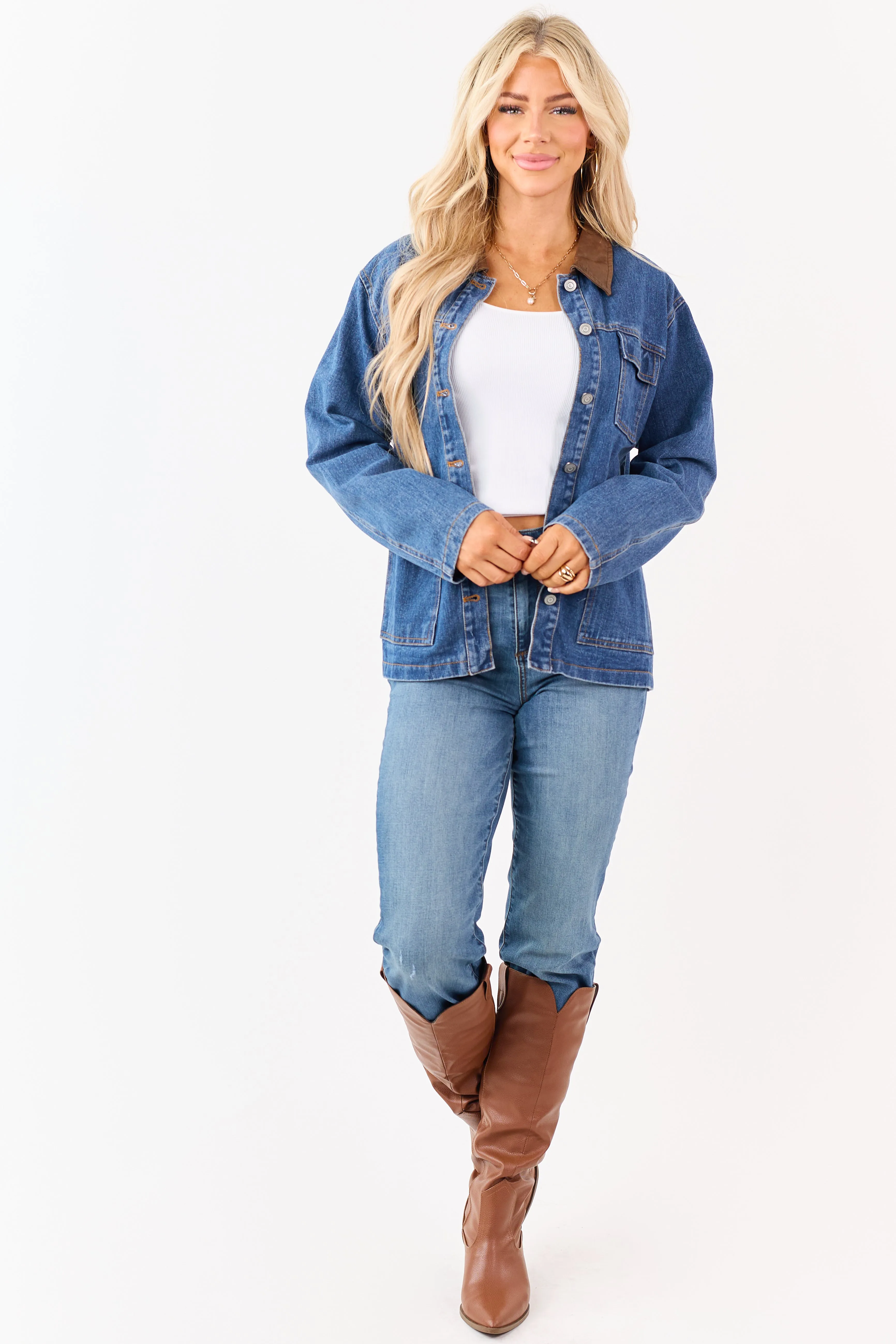 Dark Wash Denim Faux Leather Collar Shacket sold by Lime Lush product image thumbnail 5