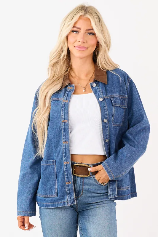 Dark Wash Denim Faux Leather Collar Shacket sold by Lime Lush